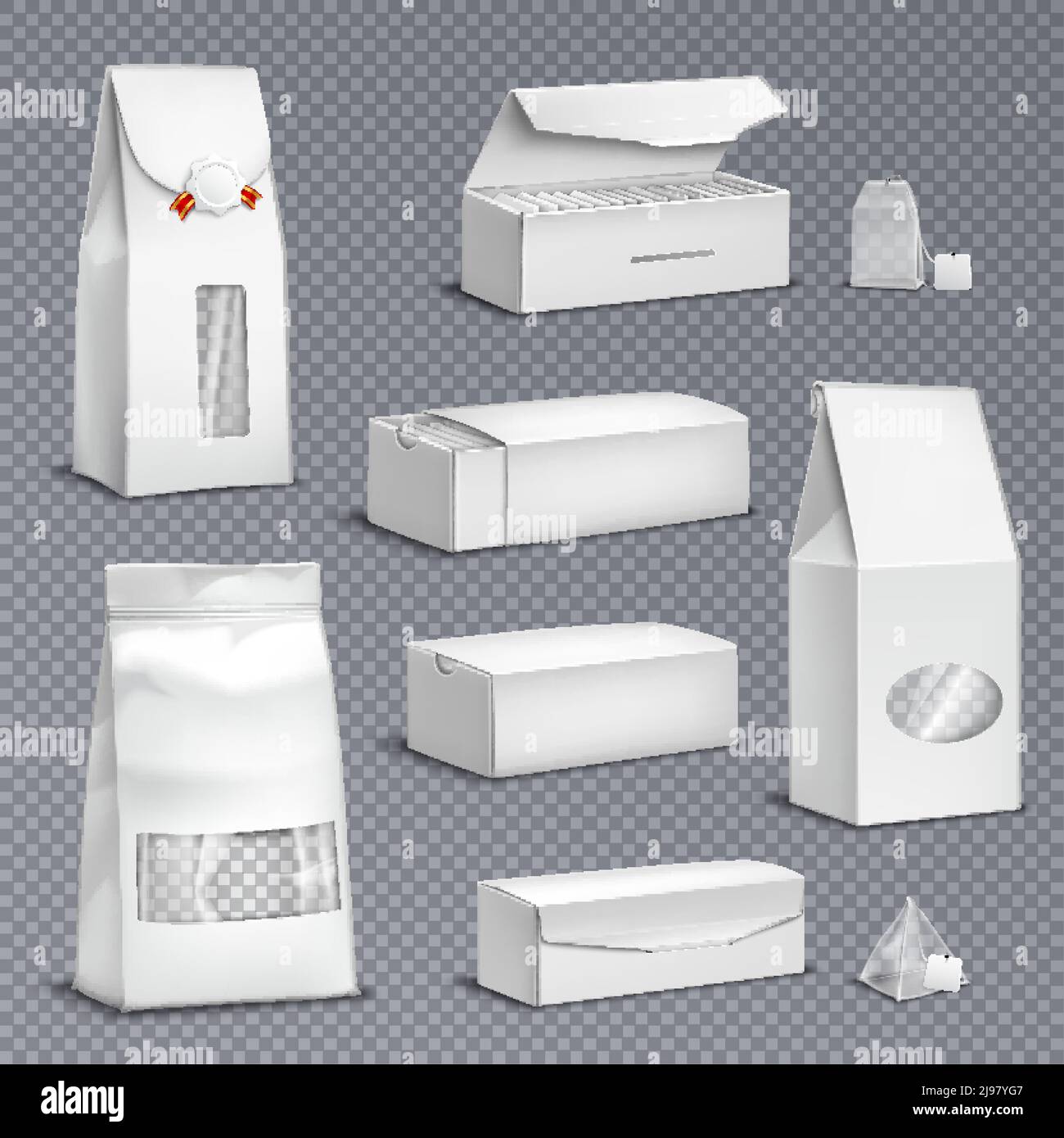 Sacchetti bianchi bianchi di carta da tè e foglie sfuse confezioni scatole set realistico trasparente sfondo illustrazione vettoriale Illustrazione Vettoriale