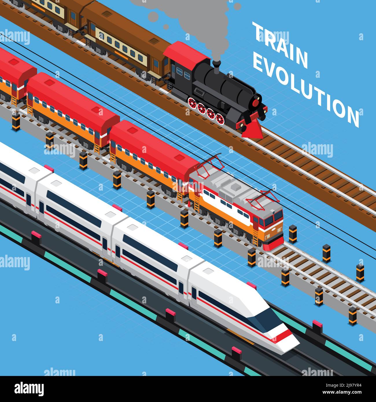 Formazione evoluzione da veicolo stradale retrò a veicolo stradale ferroviario del futuro composizione isometrica su sfondo blu illustrazione vettoriale Illustrazione Vettoriale