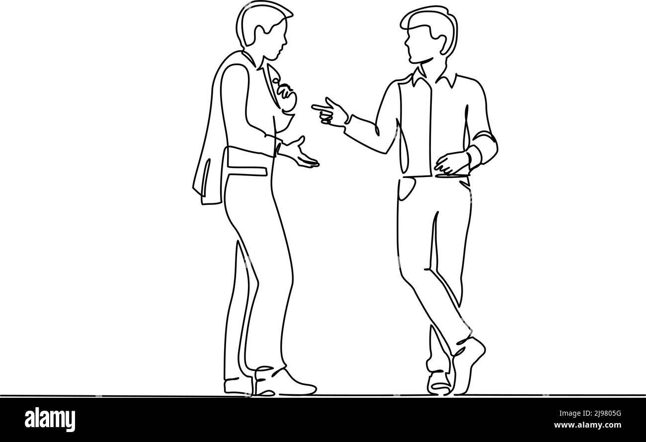 In piedi due uomini emotivamente parlando e gesturing. Disegno continuo su una linea. Illustrazione vettoriale. Illustrazione Vettoriale