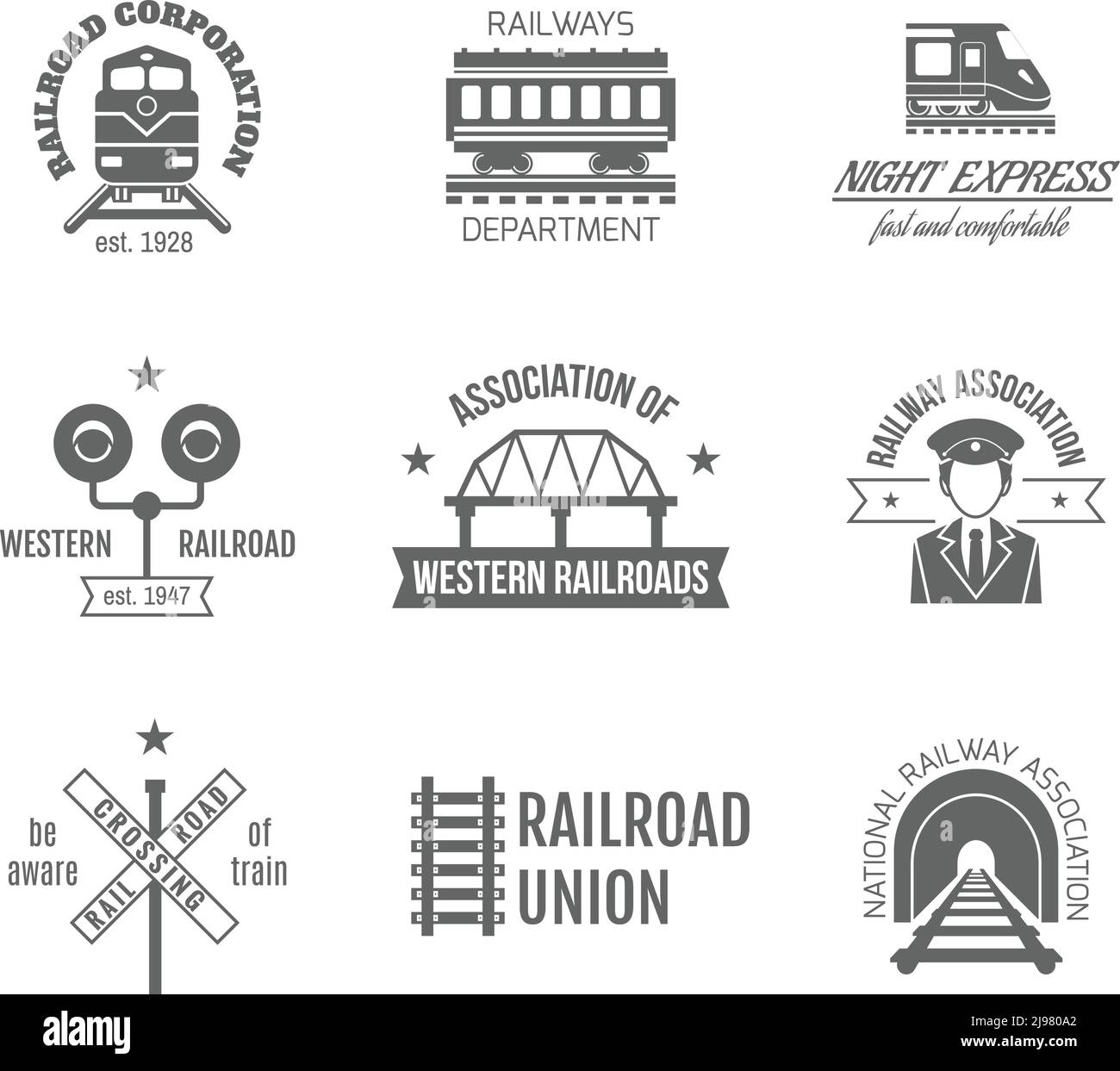 Ferrovia corporazione reparto ferroviario treno veloce espresso etichetta nera set illustrazione vettoriale isolata Illustrazione Vettoriale