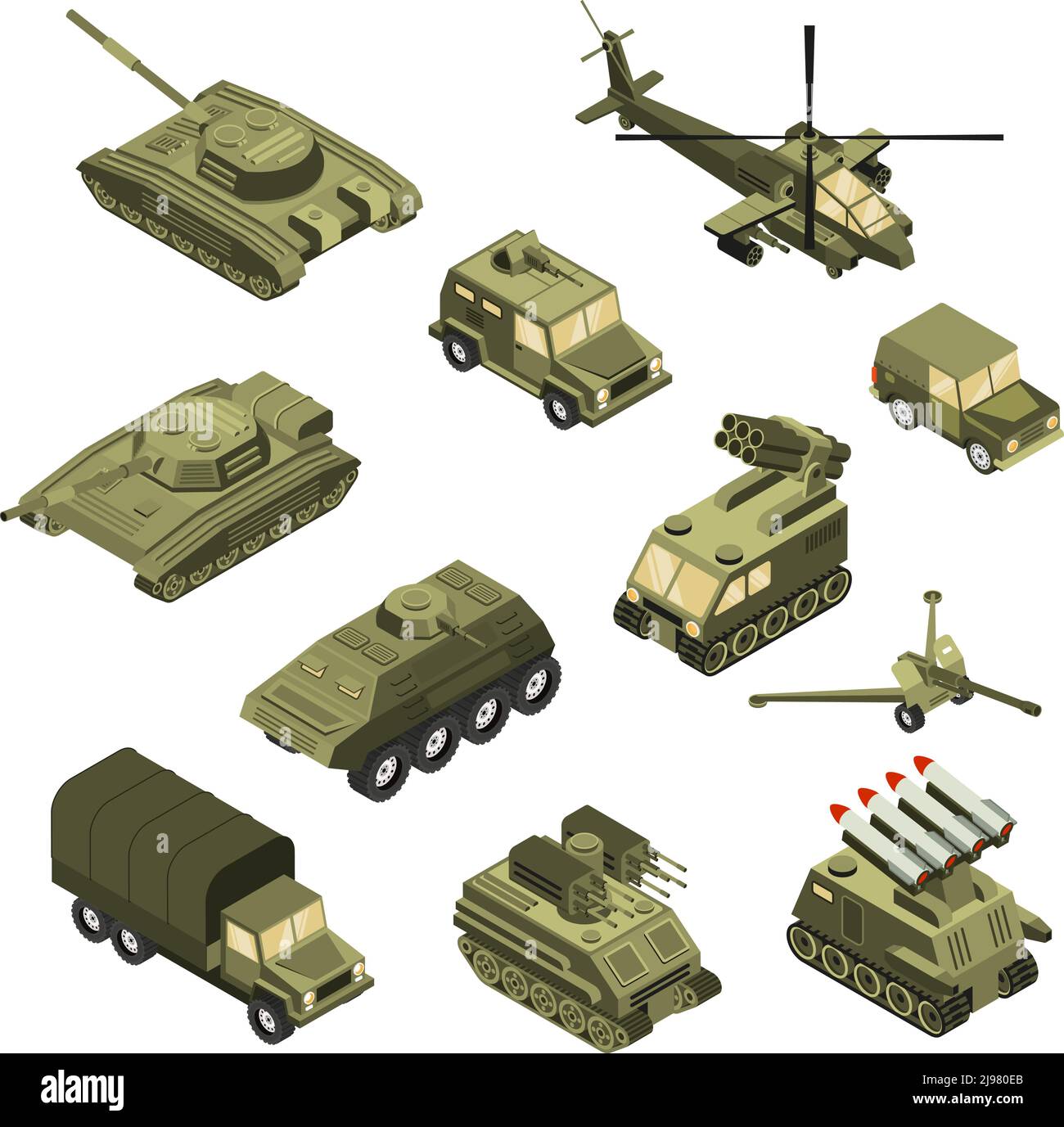 Trasporto armato militare carrier del personale di carico che combatte veicoli terrestri e. collezione icone isometriche elicottero illustrazione vettoriale isolata Illustrazione Vettoriale