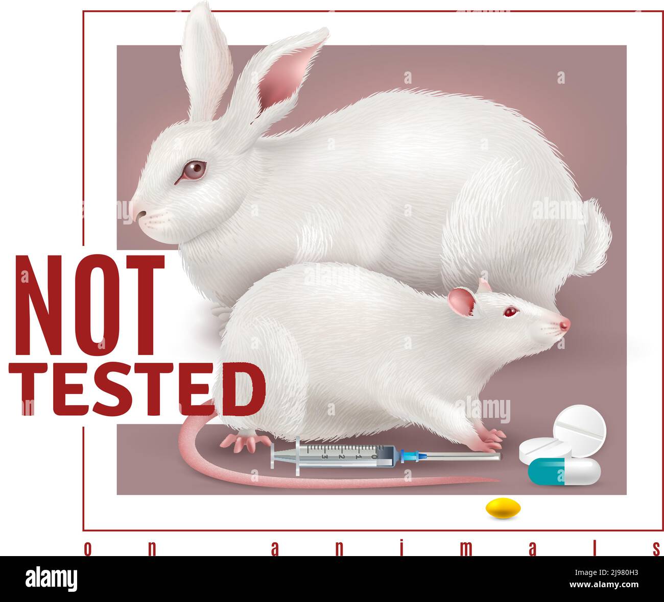 Non testato su animali sfondo realistico con un paio di bianchi coniglio e ratto e preparazioni mediche illustrazione vettoriale Illustrazione Vettoriale