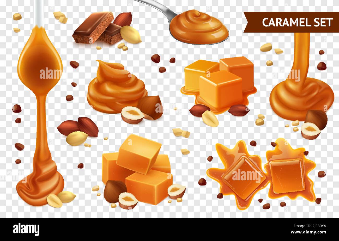 Set di icone di cioccolato al caramello realistico con gusto di forme diverse e illustrazione del vettore delle condizioni Illustrazione Vettoriale