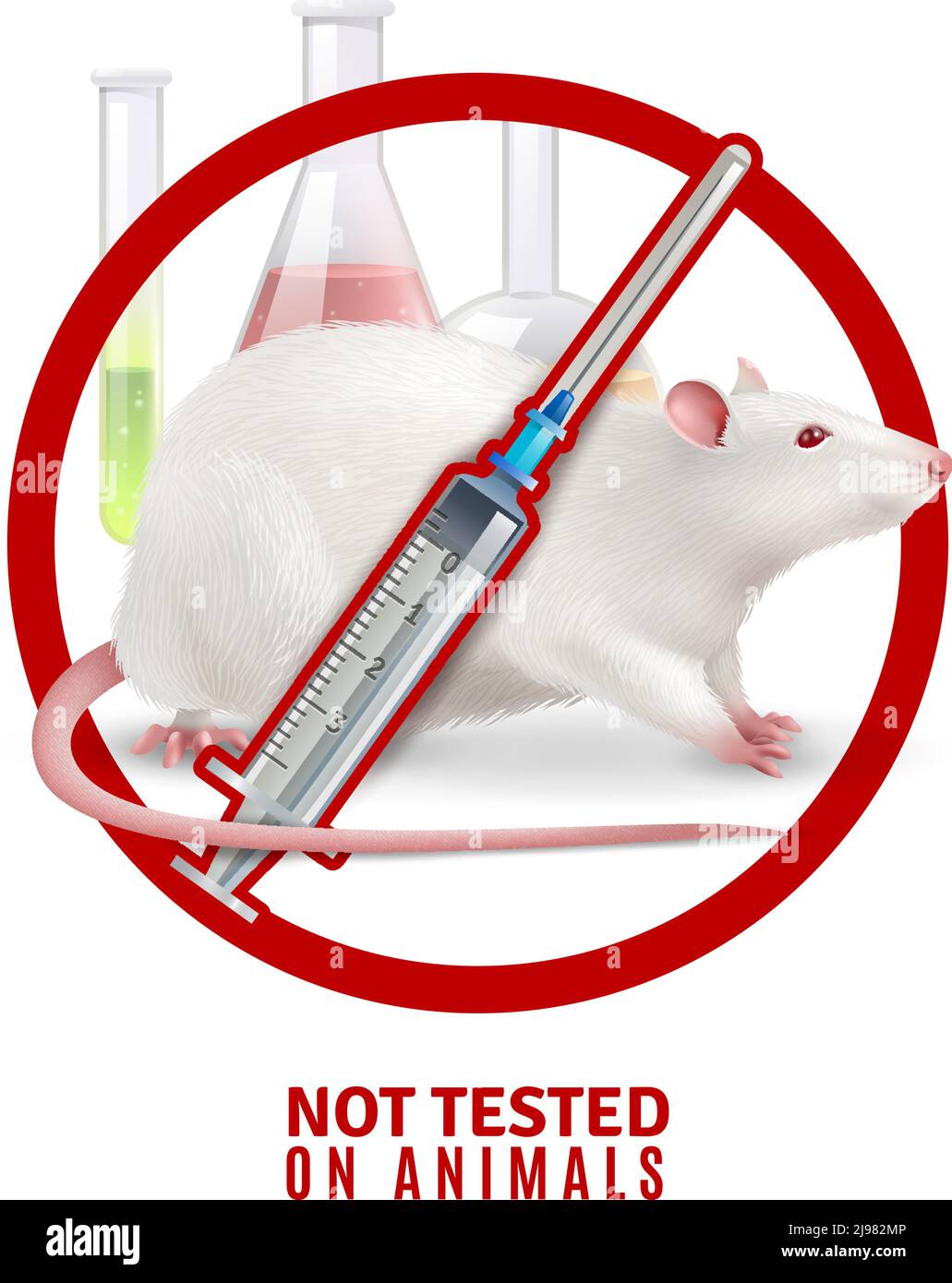 Non testato su animali concetto di progettazione in forma di vietato segno di esperimenti chimici su illustrazione vettoriale realistica del topo Illustrazione Vettoriale