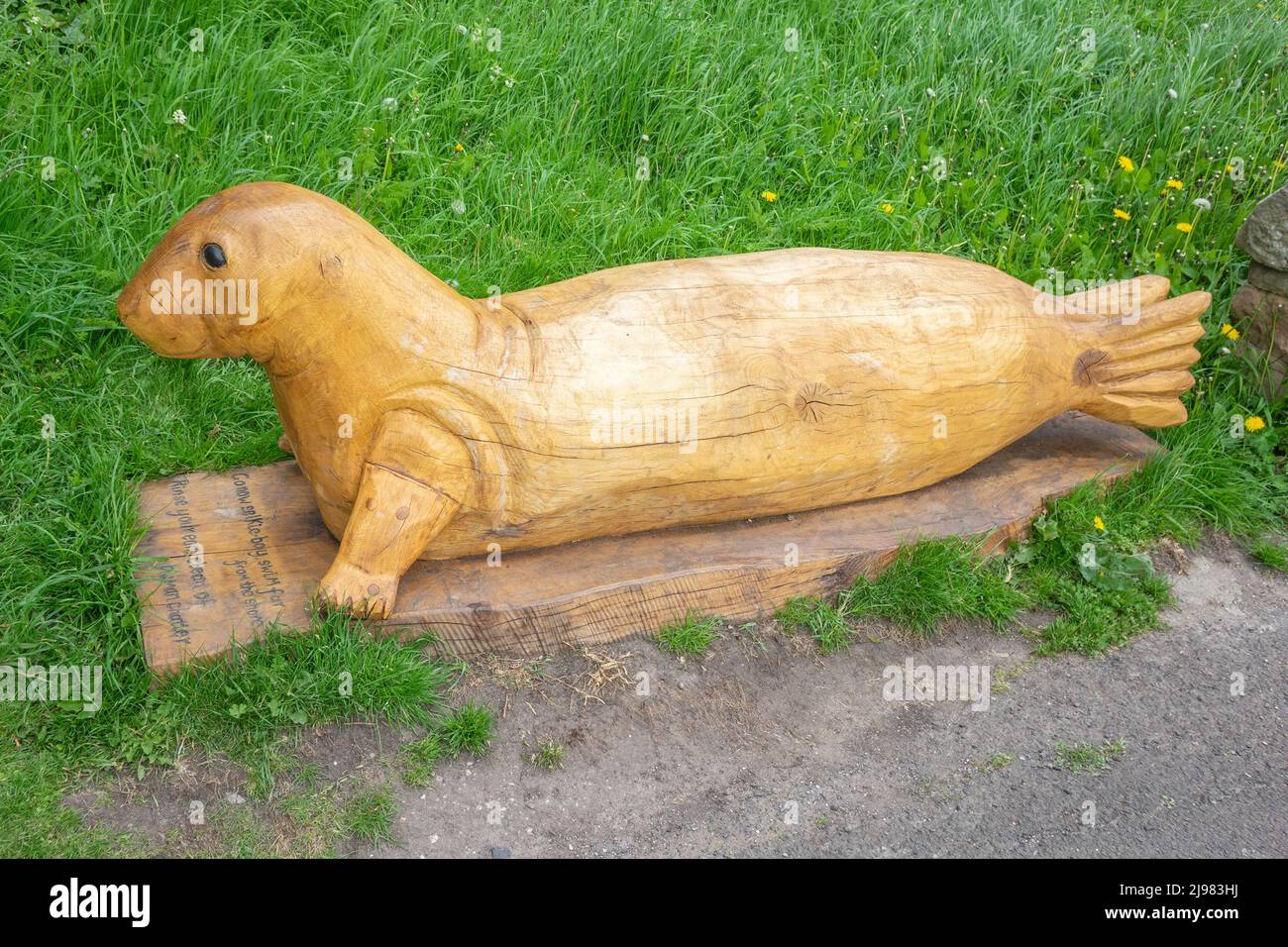 Inghilterra, Northumberland, Berwick-on-Tweed, scultura di legno di sigillo nei parchi del castello Foto Stock