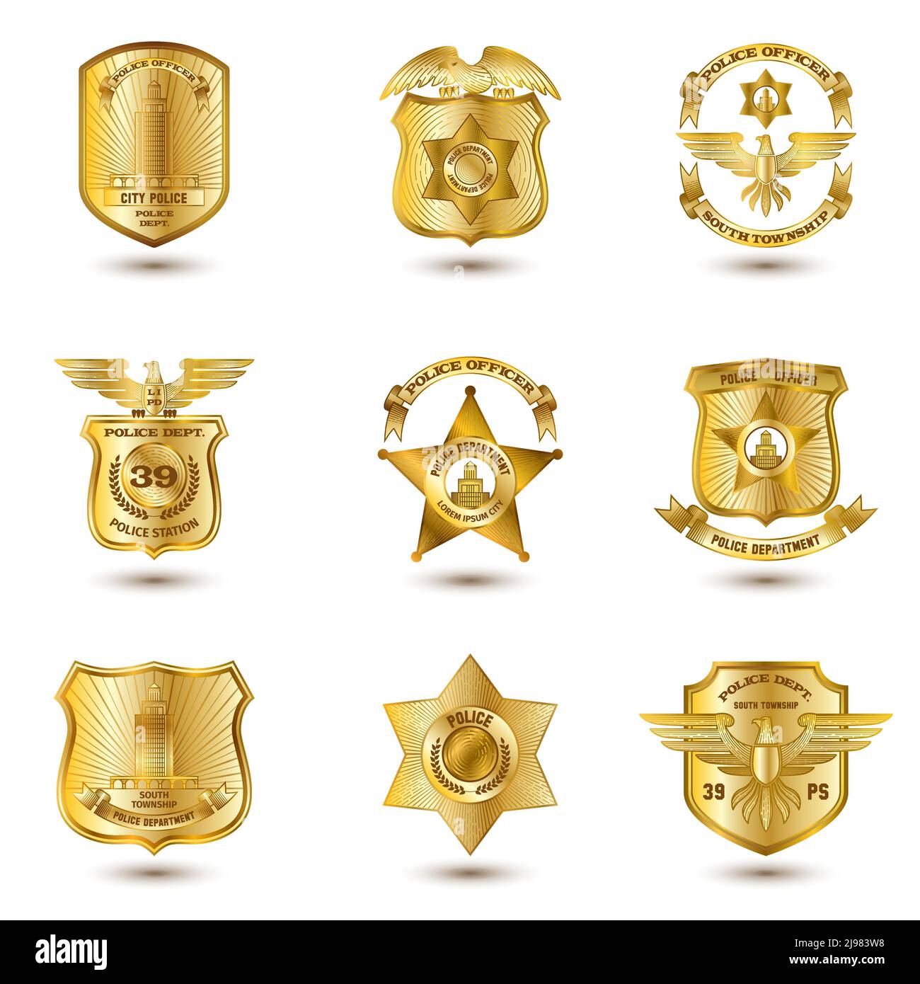 Polizia comunale città polizia forze dell'ordine badge oro set isolato illustrazione vettoriale Illustrazione Vettoriale