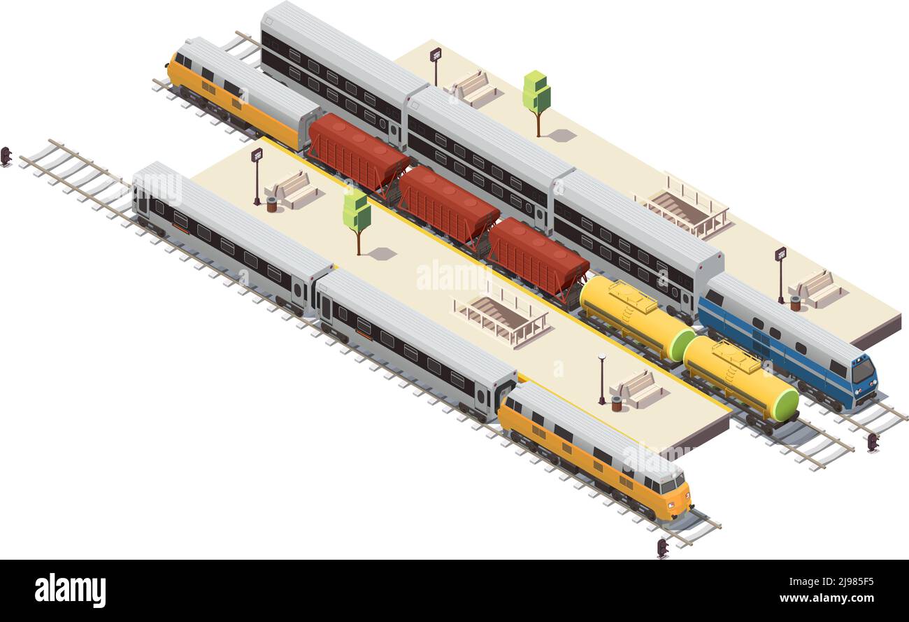 Composizione isometrica della stazione ferroviaria con piattaforme passeggeri ingresso a scalinata a tunnel illustrazione del treno merci e del vettore a due piani Illustrazione Vettoriale
