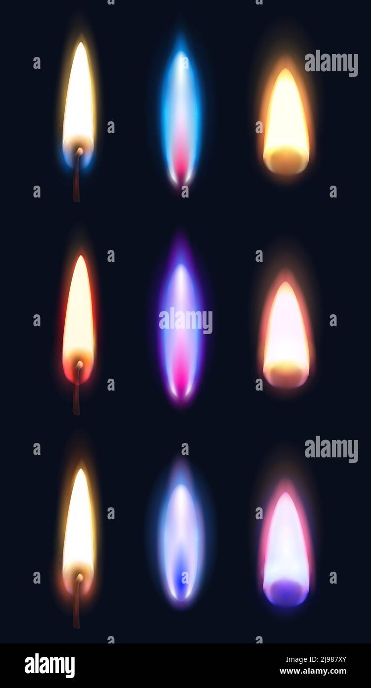 Fiamme realistiche di varie forme e colori di accendini di fiammiferi e candele sfondo scuro isolato illustrazione vettoriale Illustrazione Vettoriale