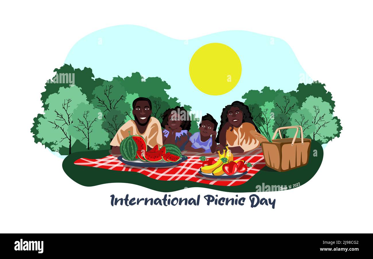 Felice famiglia afroamericana godendo pic-nic. Banner giorno picnic. Sono adagiati sull'erba di un parco, il cesto con il pasto, su un rosso a scacchi Illustrazione Vettoriale