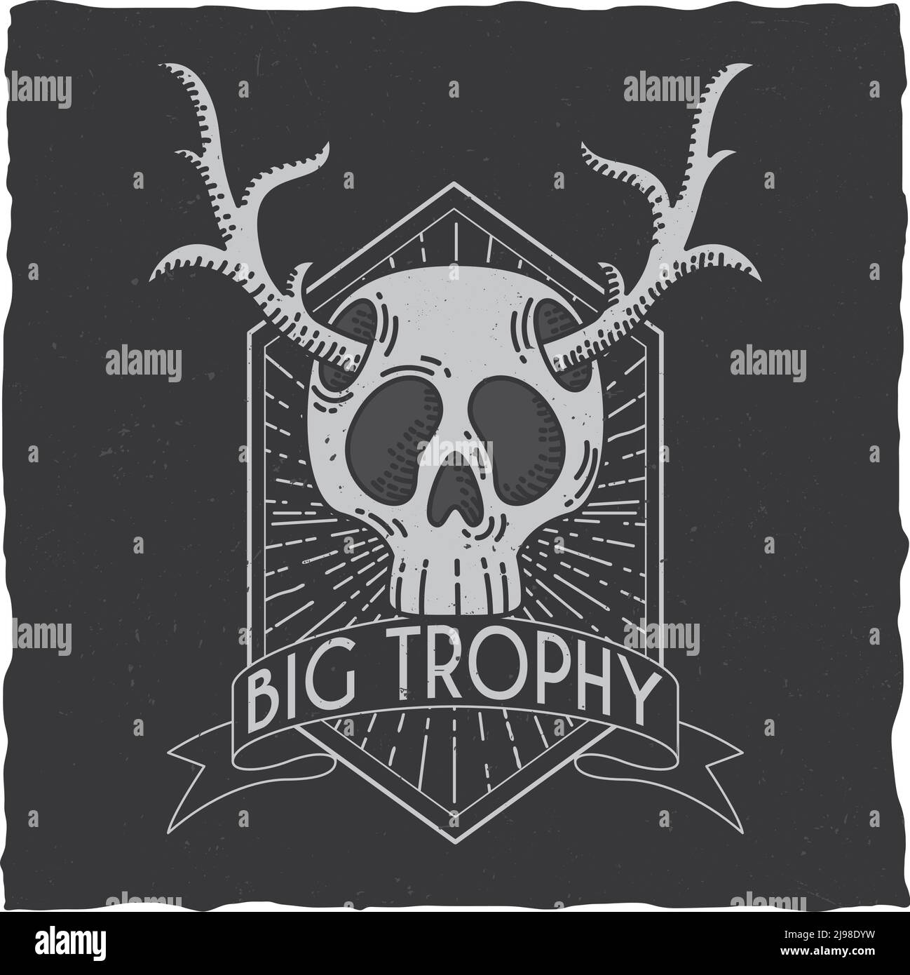 Cranio con corna di cervo design etichetta t-shirt. Illustrazione del tema Hipster. Illustrazione Vettoriale