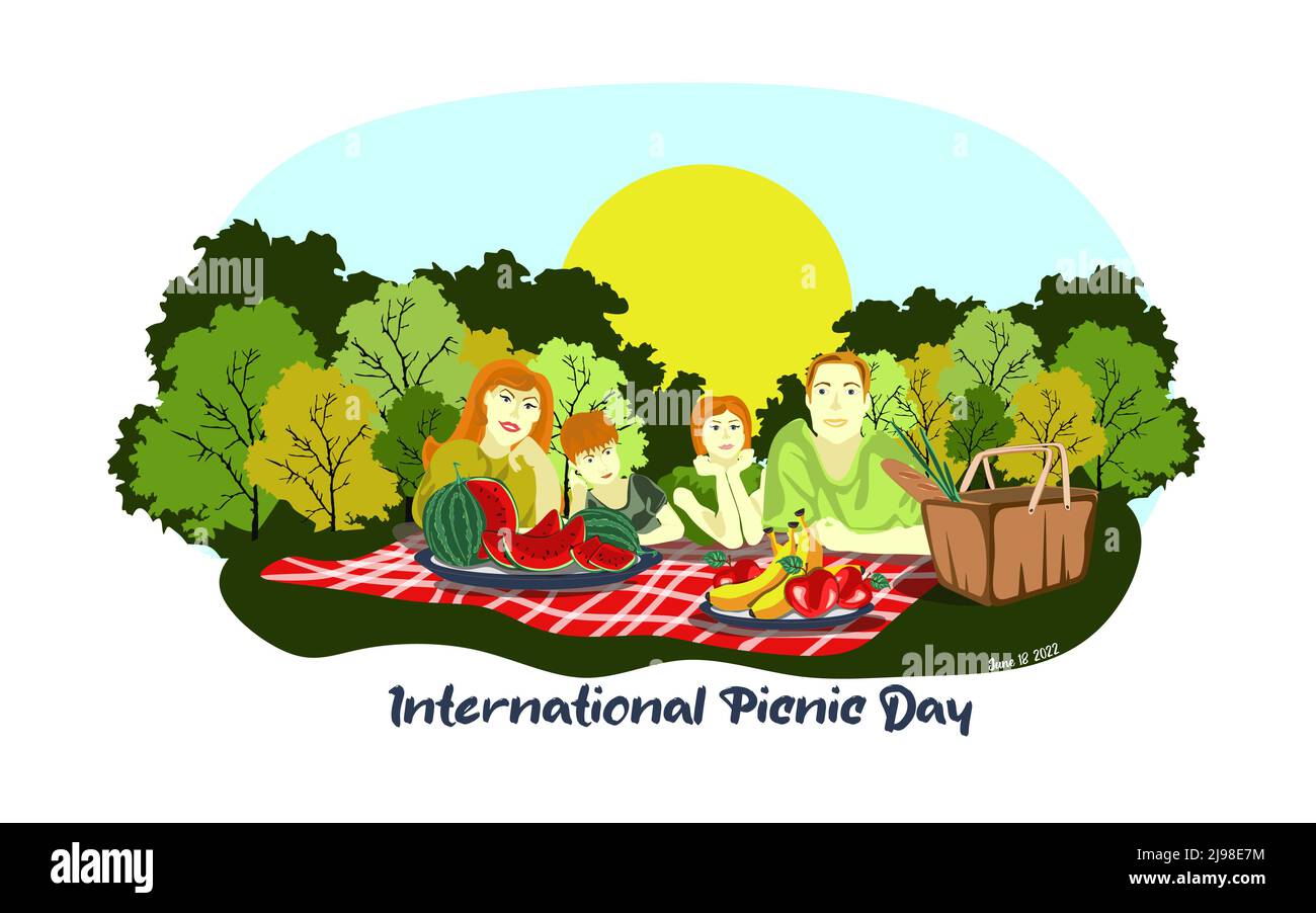 Famiglia europea felice godere pic-nic. Banner giorno picnic. Sono adagiati sull'erba di un parco, il cesto con pasto, su un rosso a scacchi e con il whit Illustrazione Vettoriale