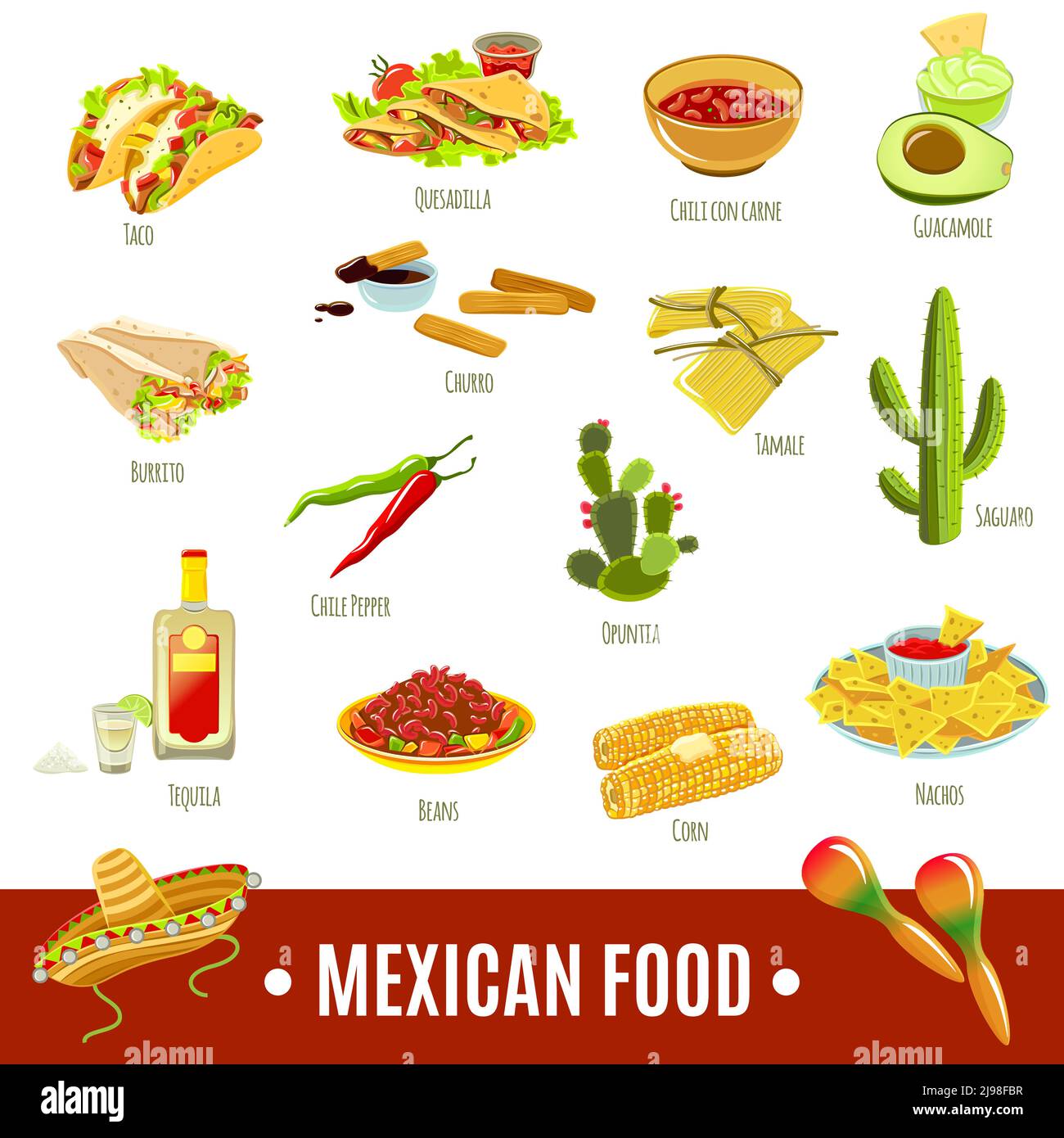 Bevanda gastronomica messicana di tradizione nazionale e presenta un colore luminoso piatto immagine vettoriale isolata con set di icone Illustrazione Vettoriale
