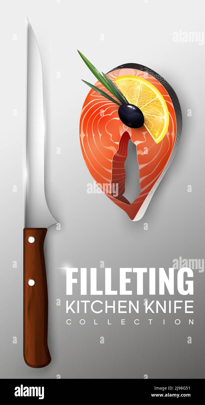 Concetto realistico di coltello da cucina con filetto di salmone bistecca limone e. oliva nero su sfondo grigio immagine vettoriale isolata Illustrazione Vettoriale