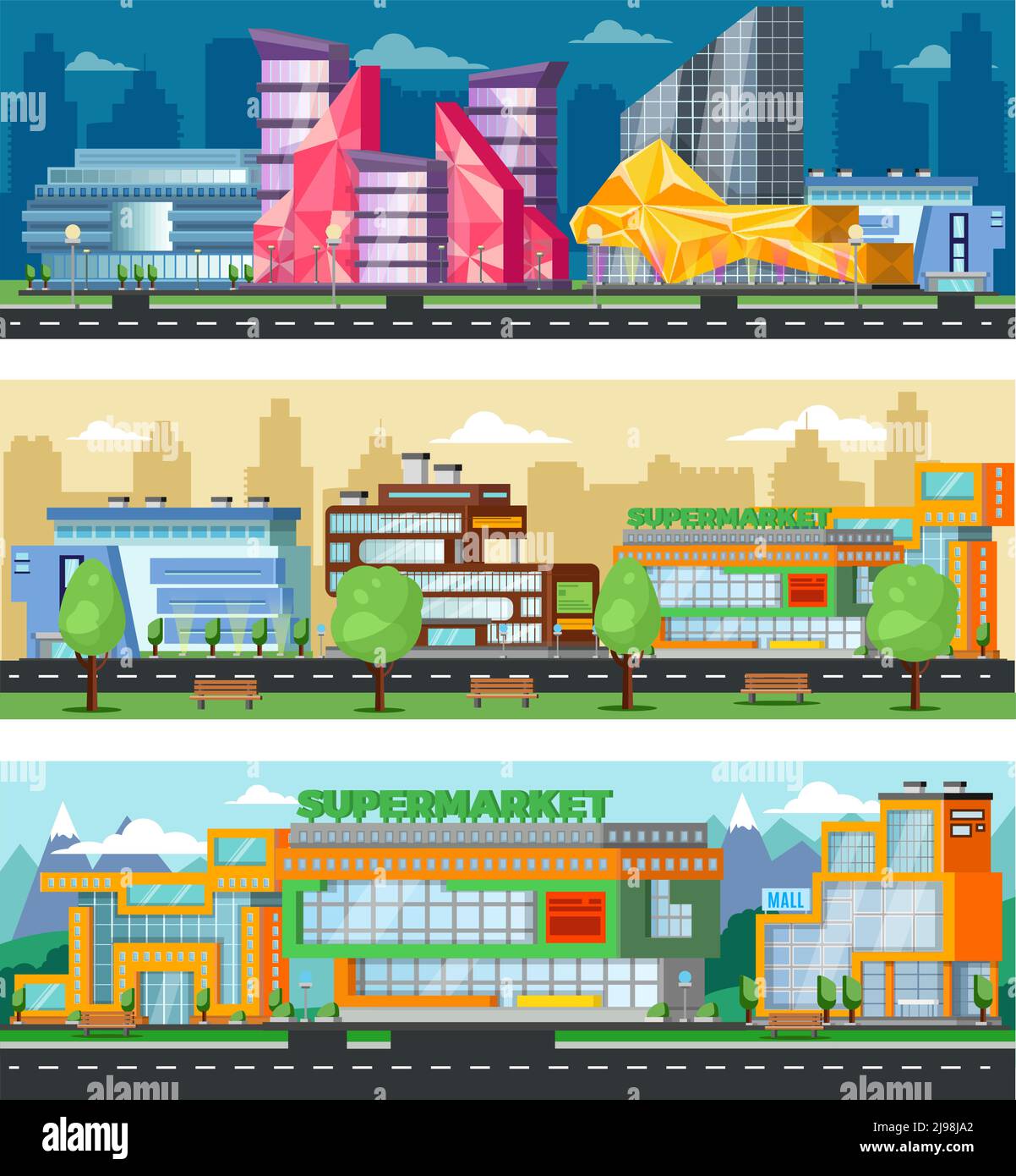 Striscioni orizzontali del centro commerciale con il paesaggio urbano dei negozi dei centri commerciali e illustrazione vettoriale supermercati Illustrazione Vettoriale