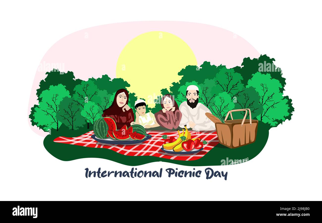 Famiglia musulmana felice godendo pic-nic. Sono adagiati sull'erba di un parco, il cesto con il pasto, su una tovaglia bianca e rossa a scacchi Illustrazione Vettoriale