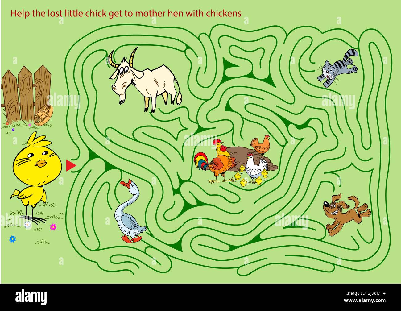 Labirinto di puzzle dove è necessario aiutare il pulcino ottenere intorno agli ostacoli e arrivare alla gallina madre Illustrazione Vettoriale