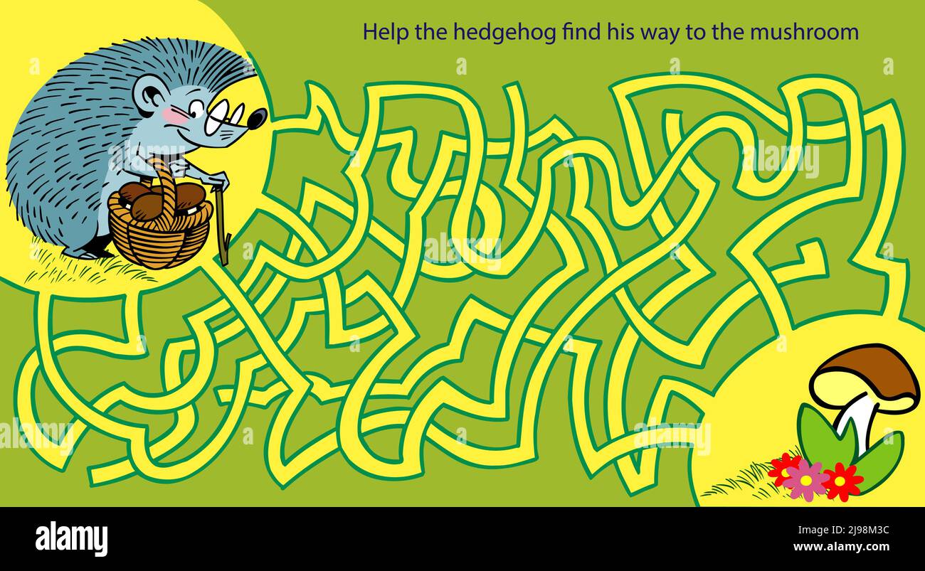Puzzle labirintica con hedgehog cartoon e funghi Illustrazione Vettoriale