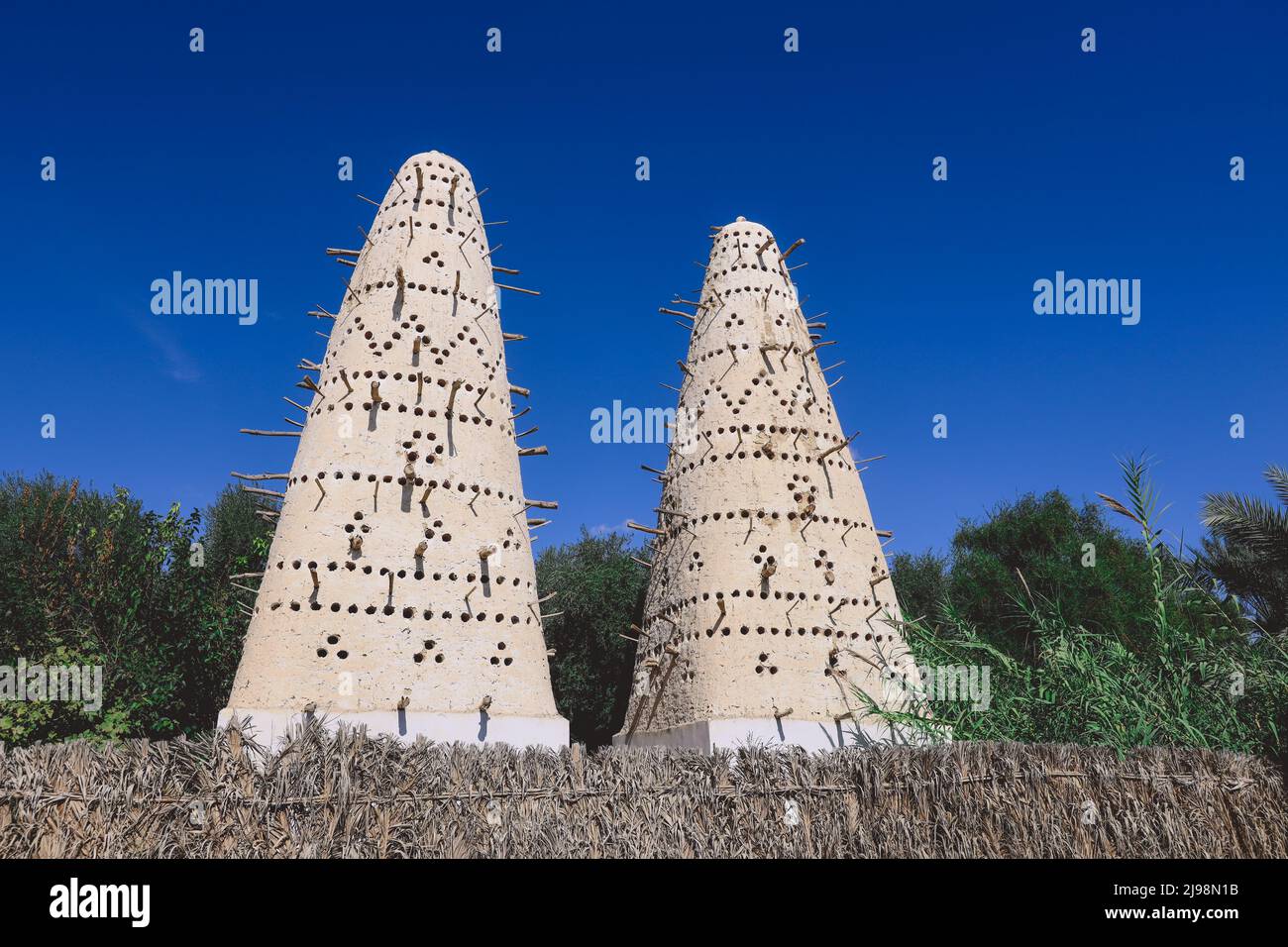 Vista della Torre del Pigeon Gemello Bianco presso l'Oasi di Siwa tra la depressione di Qattara e il Grande Mare di sabbia nel deserto Occidentale, Egitto Foto Stock