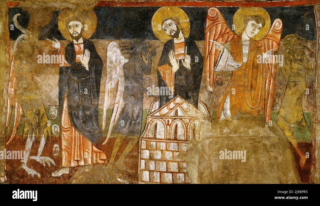 Un affresco del 12th secolo che mostra Gesù Cristo tentato dal Diavolo Foto Stock