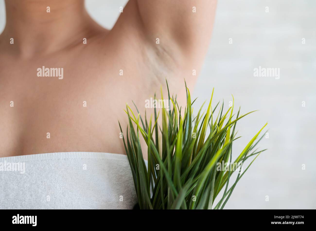 Donna senza volto in un asciugamano bianco tiene una pentola con una pianta. Ragazza irriconoscibile con l'aiuto di cespugli verdi imita la vegetazione dei capelli delle ascelle Foto Stock