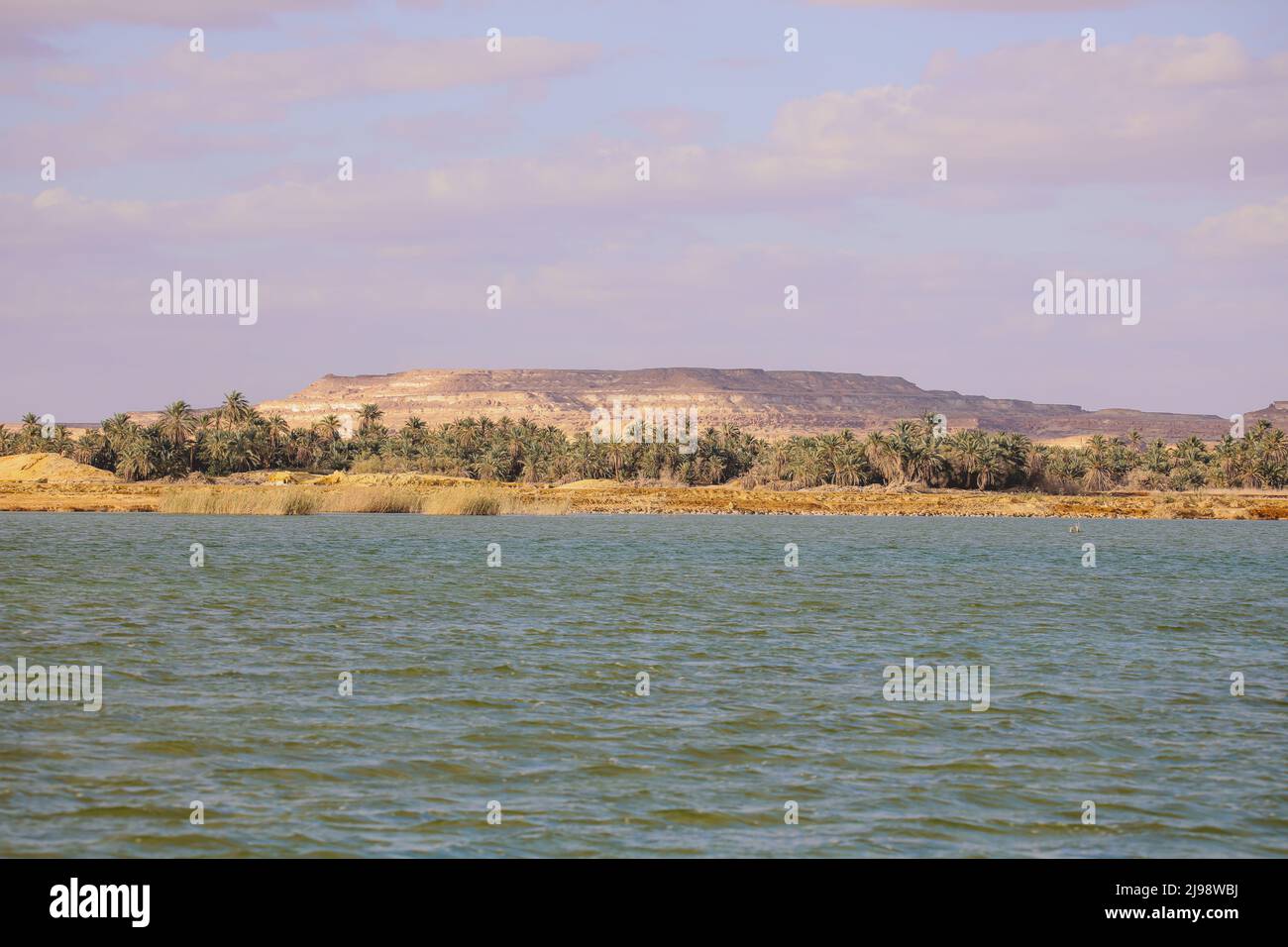 Vista panoramica sul Lago Salato Aftanas con le montagne sullo sfondo vicino all'Oasi di Siwa a Matrouh Governorate, Egitto Foto Stock