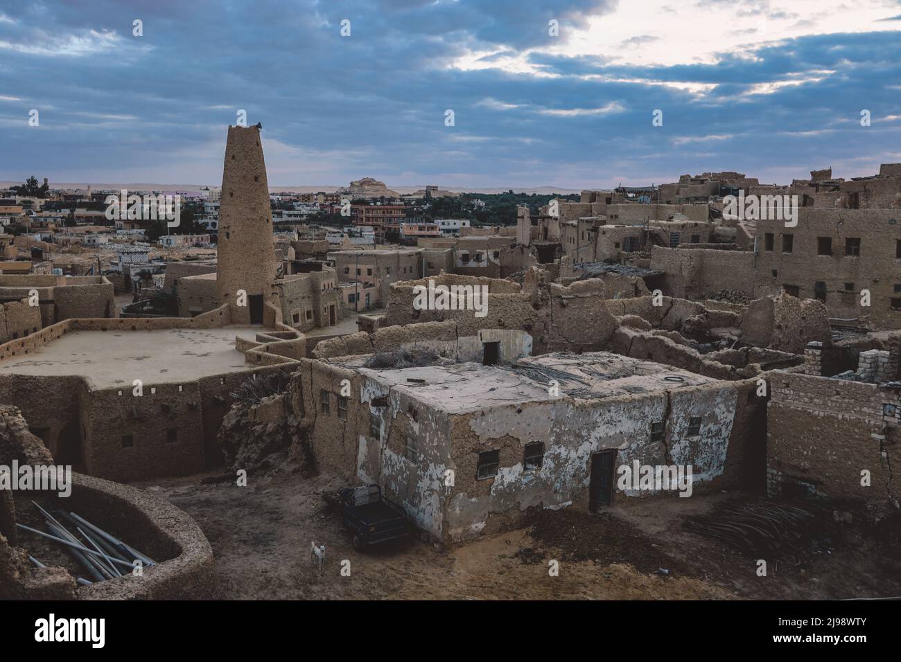 Vista al tramonto sul panorama di un antico villaggio di montagna di Shali in Siwa Oasis, Egitto Foto Stock