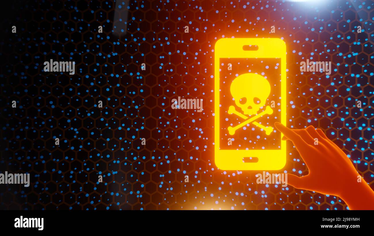Telefono Piracy Virus concetto con mano di puntamento 3D Render Foto Stock
