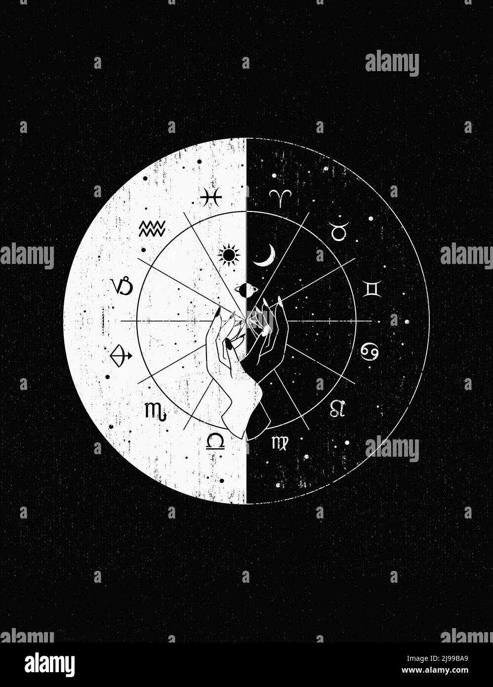 Il concetto di arte esoterica, le mani della strega o del mago mostrano i trucchi occulti con i segni celesti. Illustrazione divisa, giorno vs notte, i simboli di sole e luna all'interno Foto Stock