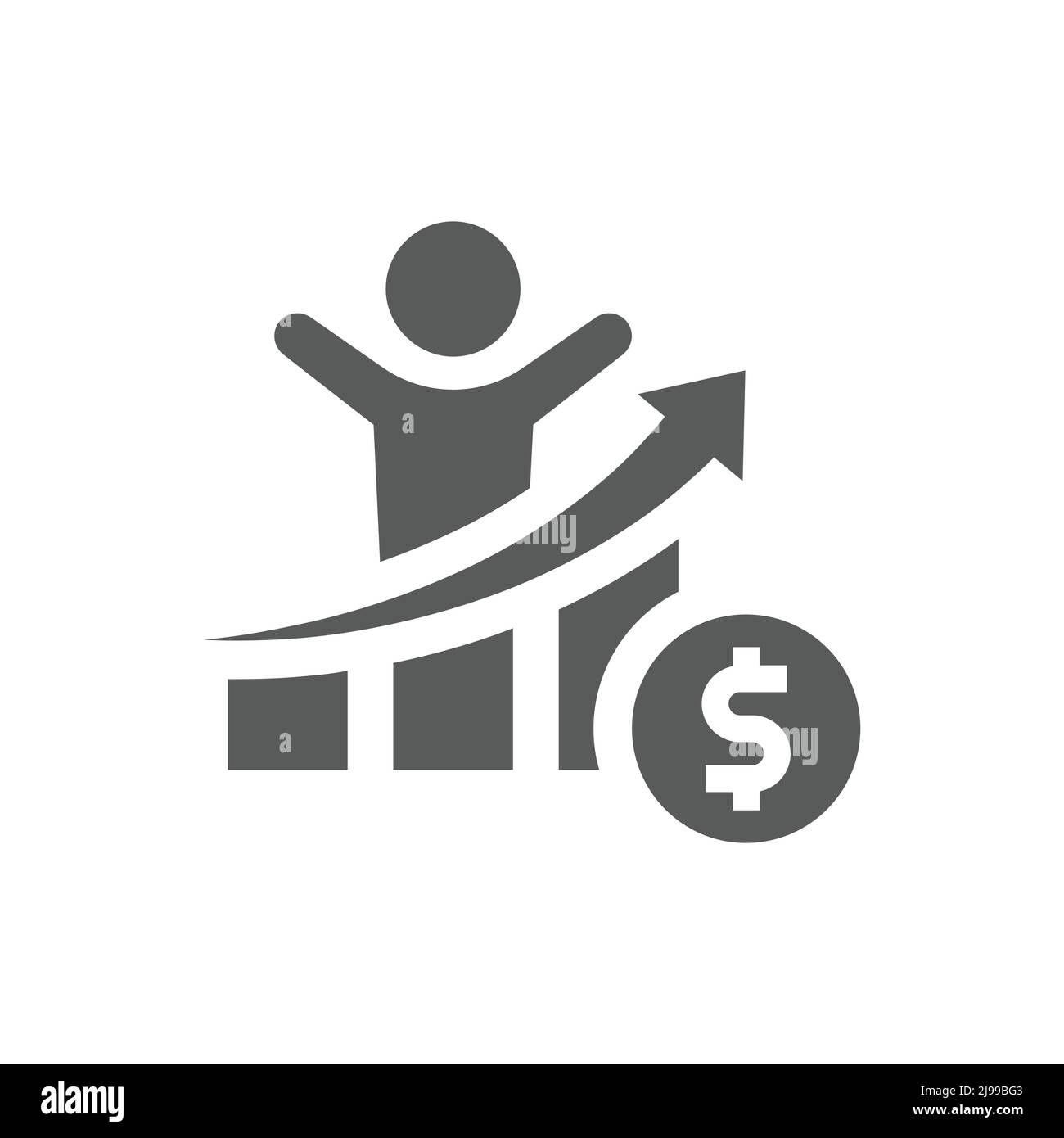 Uomo e grafico a barre o grafico con dollaro. Crescita aziendale, risultati e successo riempiti simbolo. Illustrazione Vettoriale