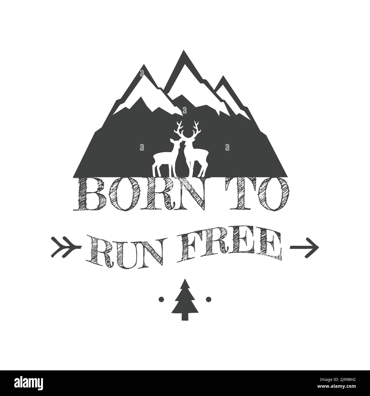 Nato per correre libero con illustrazione delle colline di montagna. Caratteri slogan escursionistici per gli amanti delle attività all'aperto. Illustrazione Vettoriale