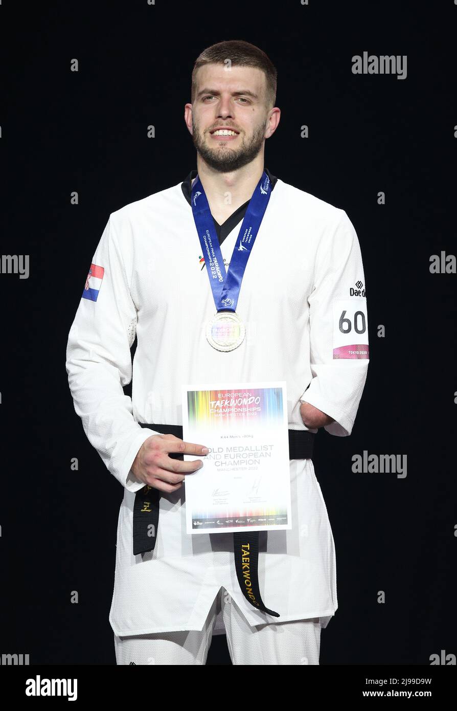 Ivan Milulic in Croazia, medaglia d'oro nella finale +80kg maschile del Para/K44 durante il terzo giorno dei campionati europei di Taekwondo 2022 alla Manchester Regional Arena. Data foto: Sabato 21 maggio 2022. Foto Stock