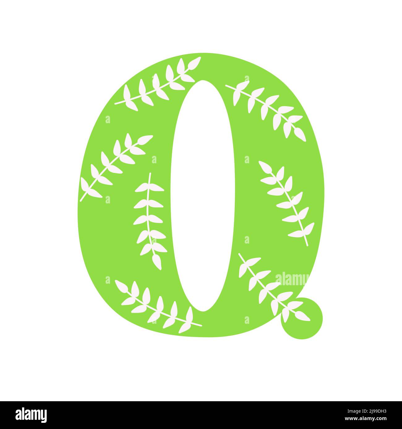 Maiuscolo verde luminoso decorato con fiori primavera lettera disegnata a mano Q di alfabeto inglese semplice cartoon stile illustrazione vettoriale, calligrafica abc, carino divertente scrittura a mano, scarabeo e lettere Illustrazione Vettoriale