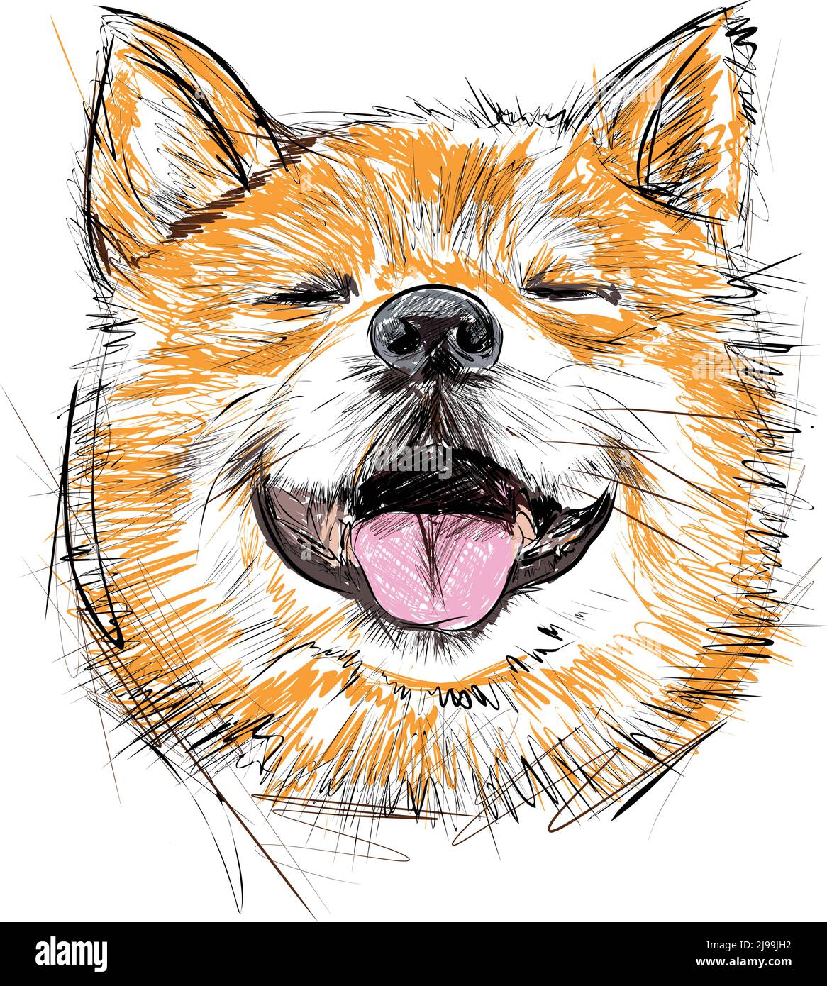 Illustrazione dei marcatori di schizzo disegnati a mano del cane Shiba Inu. Ritratto di сute animale domestico sorridente. Illustrazione vettoriale Illustrazione Vettoriale