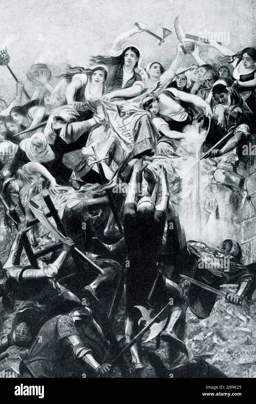 JEANNE HACHETTE.—Charles il grassetto della Borgogna invaso la Francia, uccise tutti gli abitanti della prima città che gli resistette, e poi assediò Beauvais, aspettandosi una resa o una facile vittoria. I suoi cittadini terrorizzati sono stati però rallietati da questa Jeanne, che, portandola con l'hatchet che le ha dato il nome, ha portato anche le donne a difendere le mura. Con pietre, acqua bollente, o qualsiasi cosa venisse a portata di mano, essi rimproverarono i borgognoni, e Jeanne catturò lo standard del nemico. Questa disperata difesa ha spinto il nemico dalla Francia”. Jeanne Laisné era un'eroina francese conosciuta come Jeanne Fourquet e nicknam Foto Stock