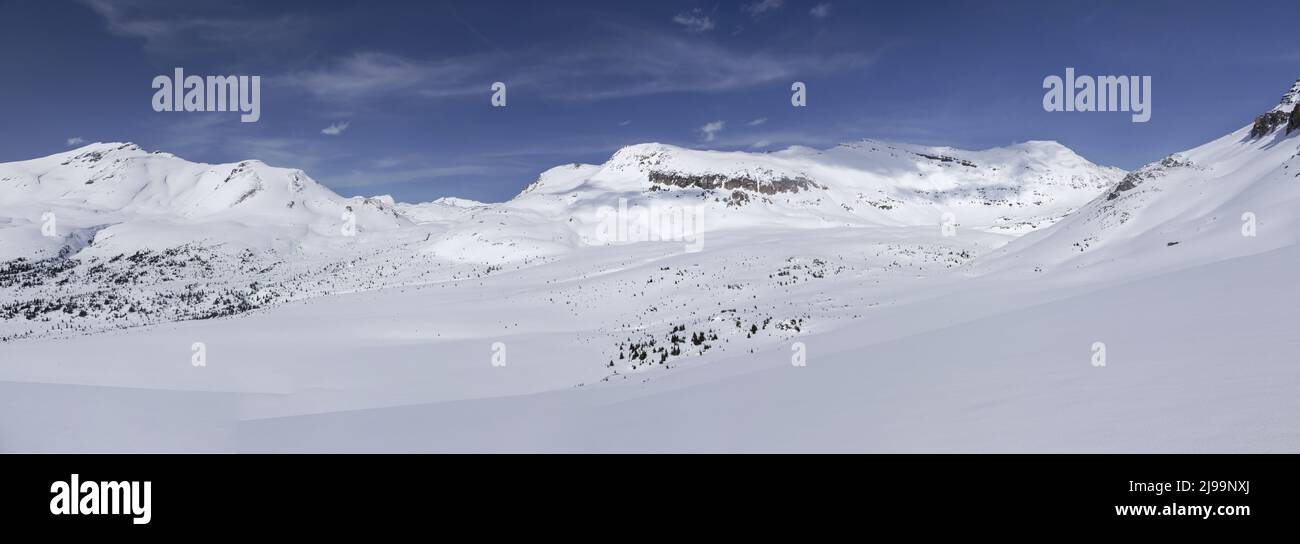 Vette innevate con Blue Skyline. Panoramico ampio e panoramico Springtime Landscape Canadian Rockies Banff National Park Foto Stock