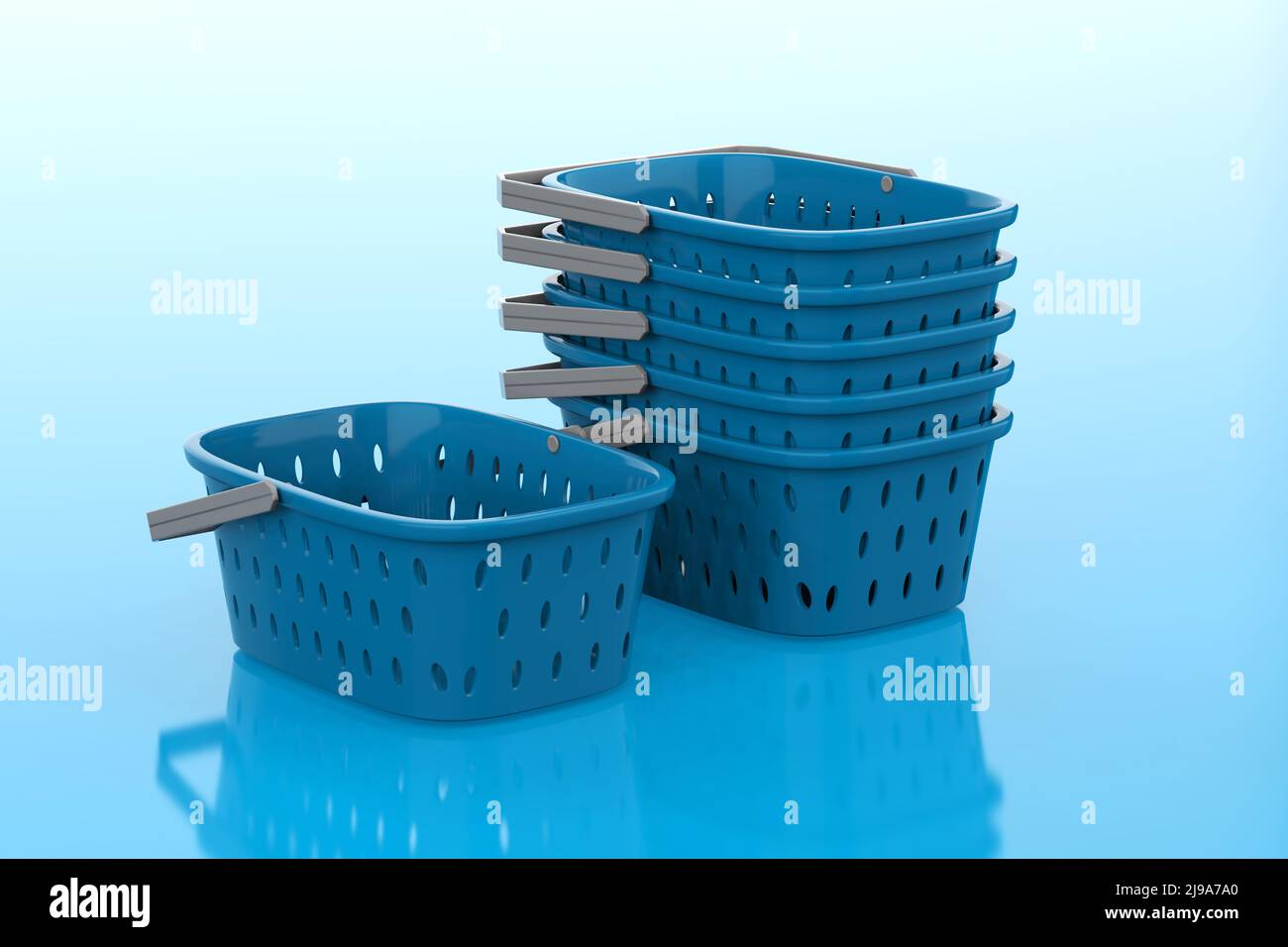 3d rendering stack di cestelli blu vuoti su sfondo blu Foto Stock