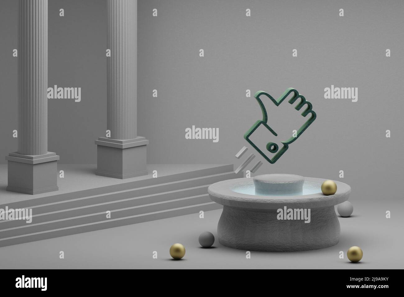 Belle illustrazioni astratte Thumbs Up simbolo icona su una fontana e sfondo colonna. 3d illustrazione del rendering. SEO e Business. Foto Stock