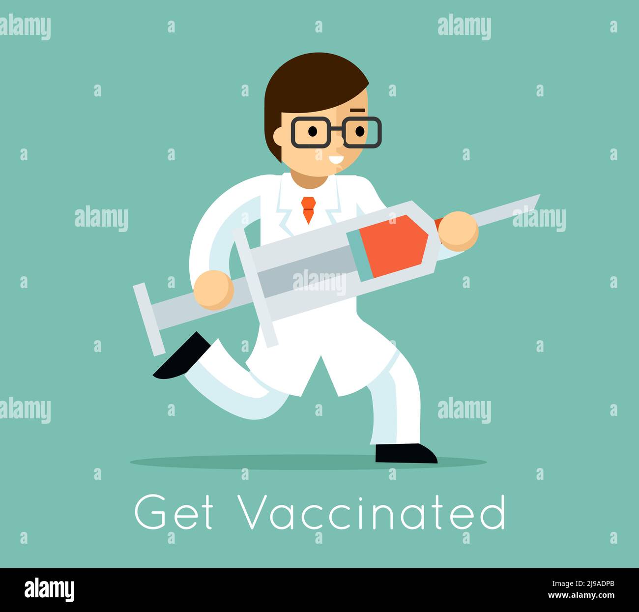 Medico corrono con siringa. Vaccinazione contro virus, ago e farmaco, illustrazione vettoriale Illustrazione Vettoriale