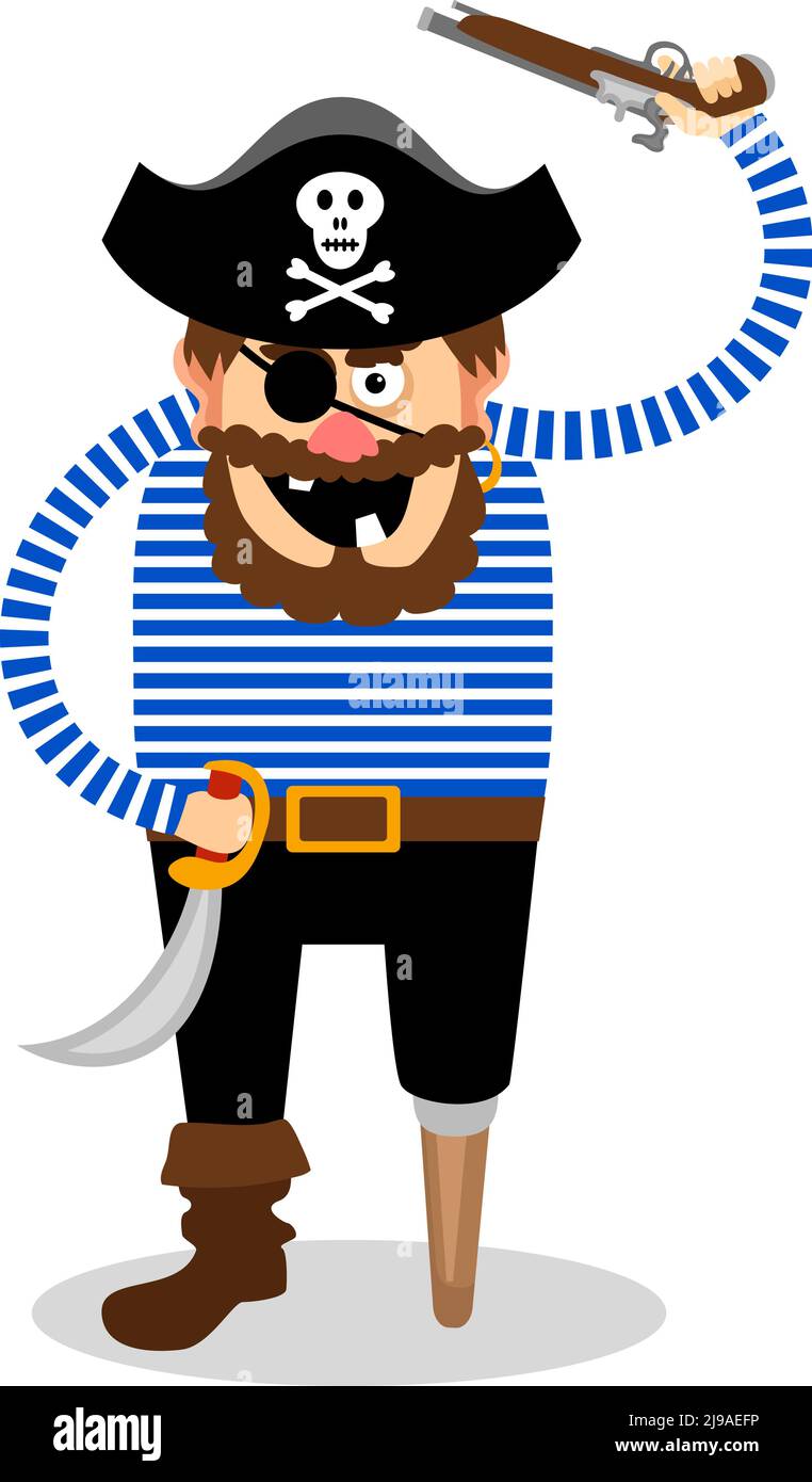 Pirata vettoriale stereotipata su sfondo bianco con un legno peg gamba un occhio e un cranio e crossbone su il suo cappello con un cuttlass e una pistola Illustrazione Vettoriale