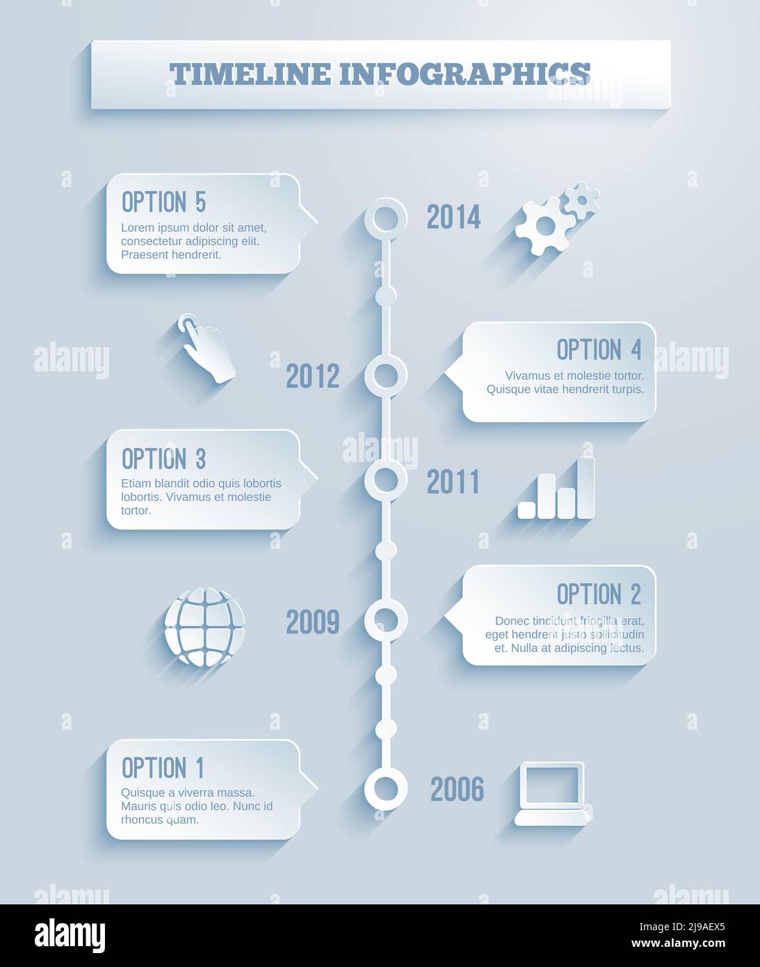 Modello vettoriale delle infografiche della linea temporale con effetto cartaceo visualizzato una gamma di cinque opzioni in caselle di testo che coprono una numero di anni diversi Illustrazione Vettoriale