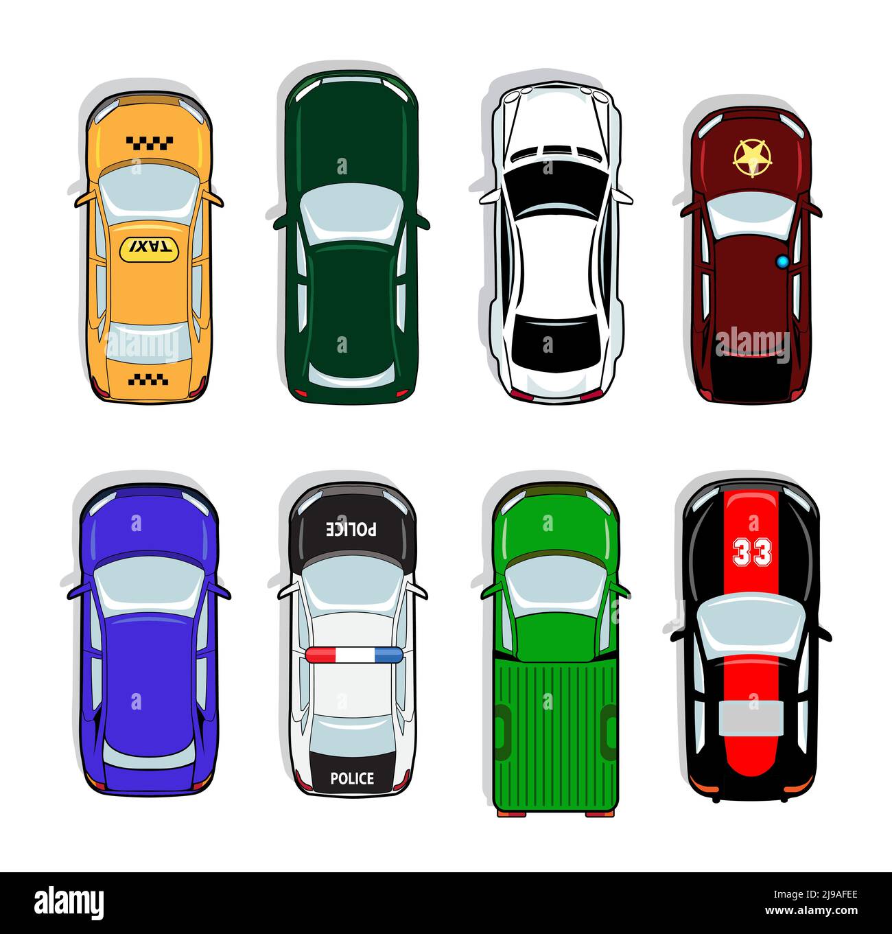 Polizia auto e taxi, auto sportiva e berlina icone. Segnale di trasporto, auto, guida e simbolo, illustrazione vettoriale Illustrazione Vettoriale