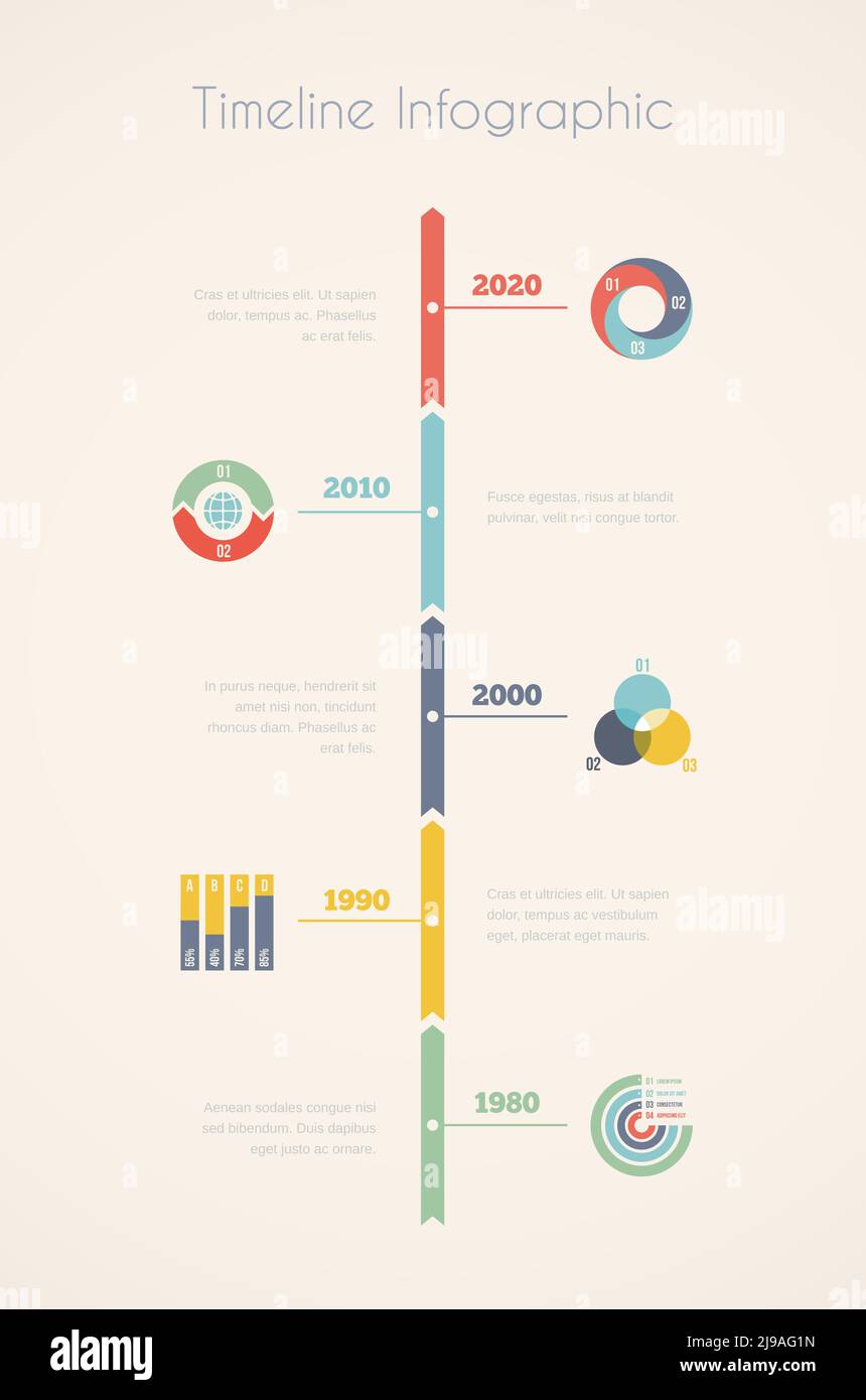 Infografiche della timeline vettoriale, elementi e icone in stile vintage, modello di disegno Illustrazione Vettoriale