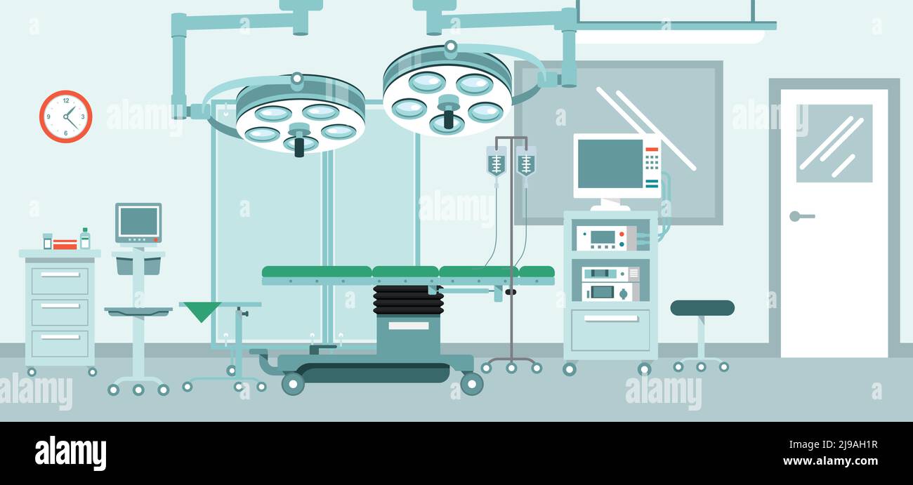 Moderni interni ospedalieri con mobili e attrezzature per il funzionamento. Illustrazione vettoriale in stile piatto. Illustrazione Vettoriale