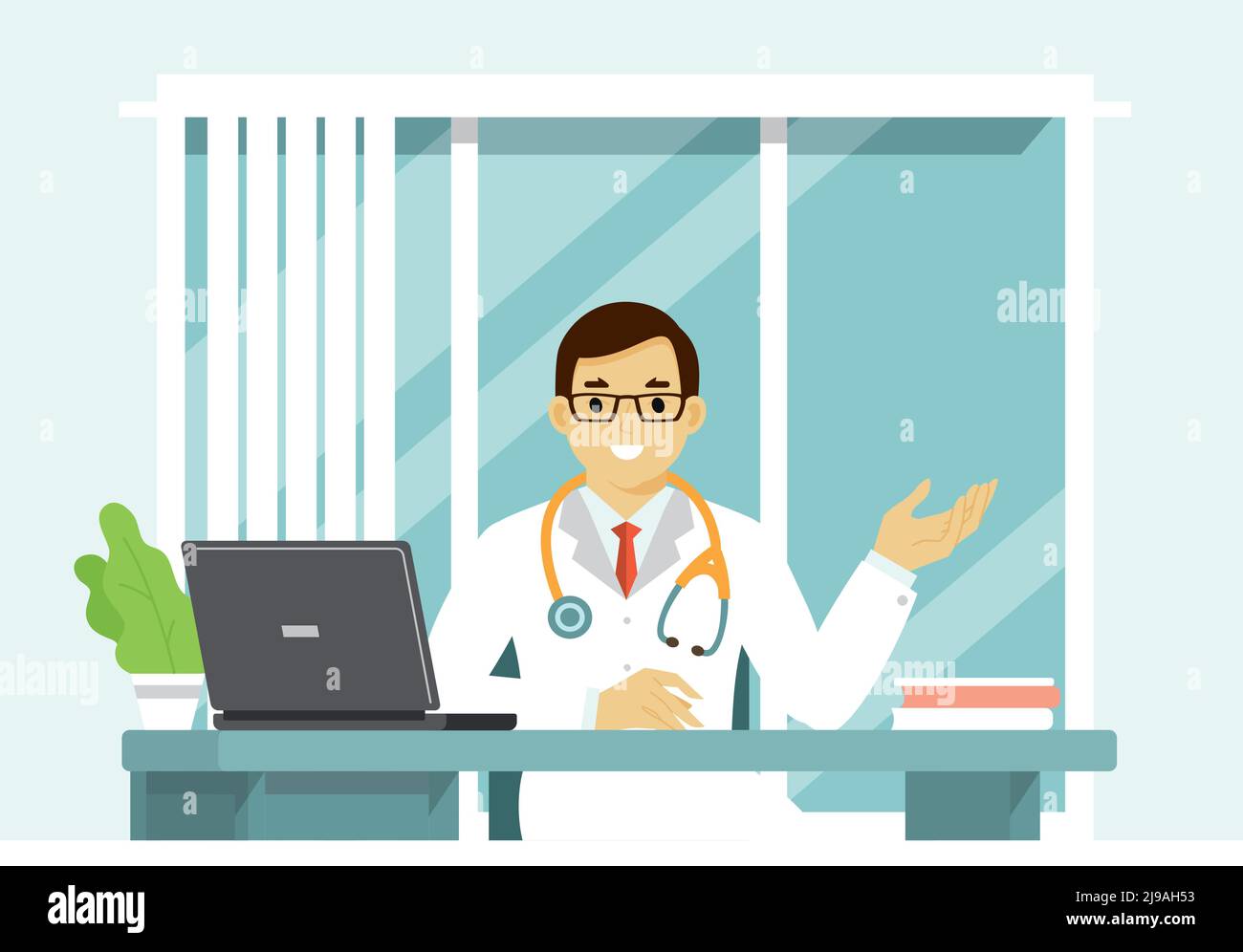 Medico giovane medico in ospedale ufficio medico. Consultazione e diagnosi. Illustrazione Vettoriale