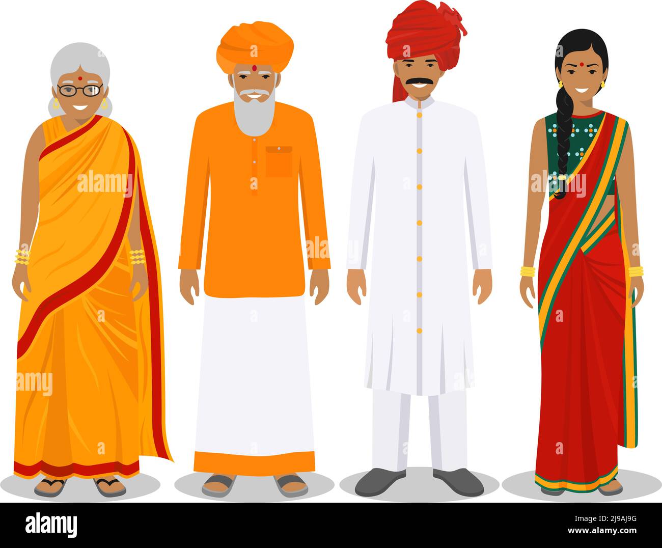 Generazioni uomo. Il padre, la madre, la nonna, il nonno della gente indiana stanno insieme nei vestiti tradizionali. Concetto sociale. Concetto di famiglia. Illustrazione Vettoriale