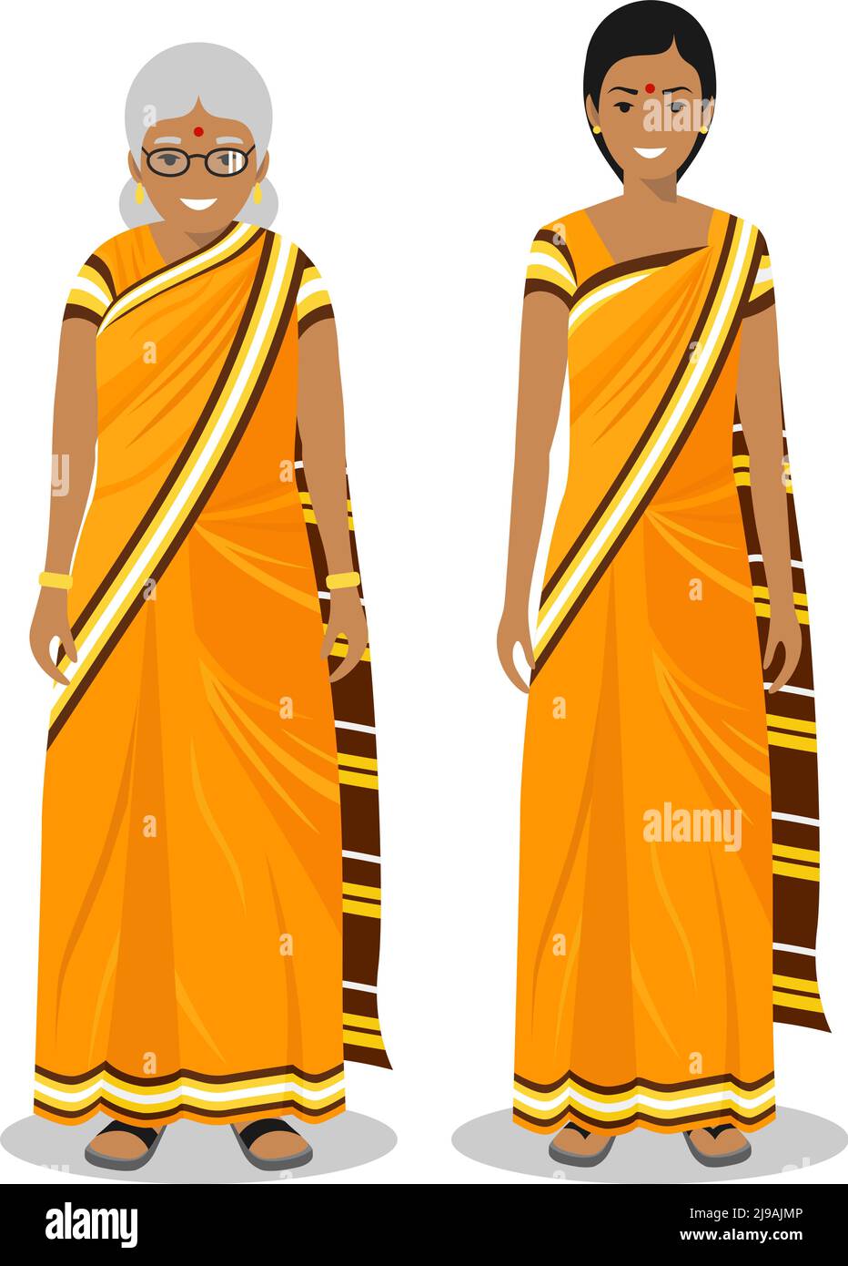 Illustrazione dettagliata di standing vecchio e giovane donna indiana in nazionali tradizionali abiti indiani isolati su sfondo bianco in stile appartamento. Ho Illustrazione Vettoriale