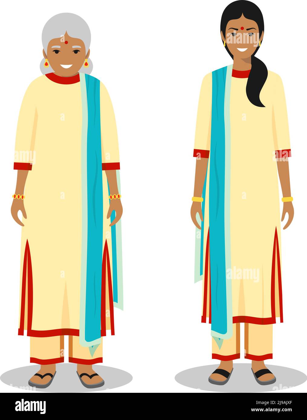 Illustrazione dettagliata di standing vecchio e giovane donna indiana in nazionali tradizionali abiti indiani isolati su sfondo bianco in stile appartamento. Ho Illustrazione Vettoriale