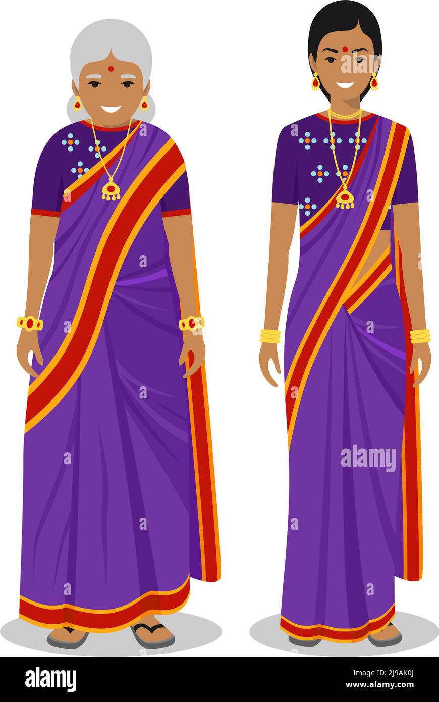 Illustrazione dettagliata di standing vecchio e giovane donna indiana in nazionali tradizionali abiti indiani isolati su sfondo bianco in stile appartamento. Ho Illustrazione Vettoriale