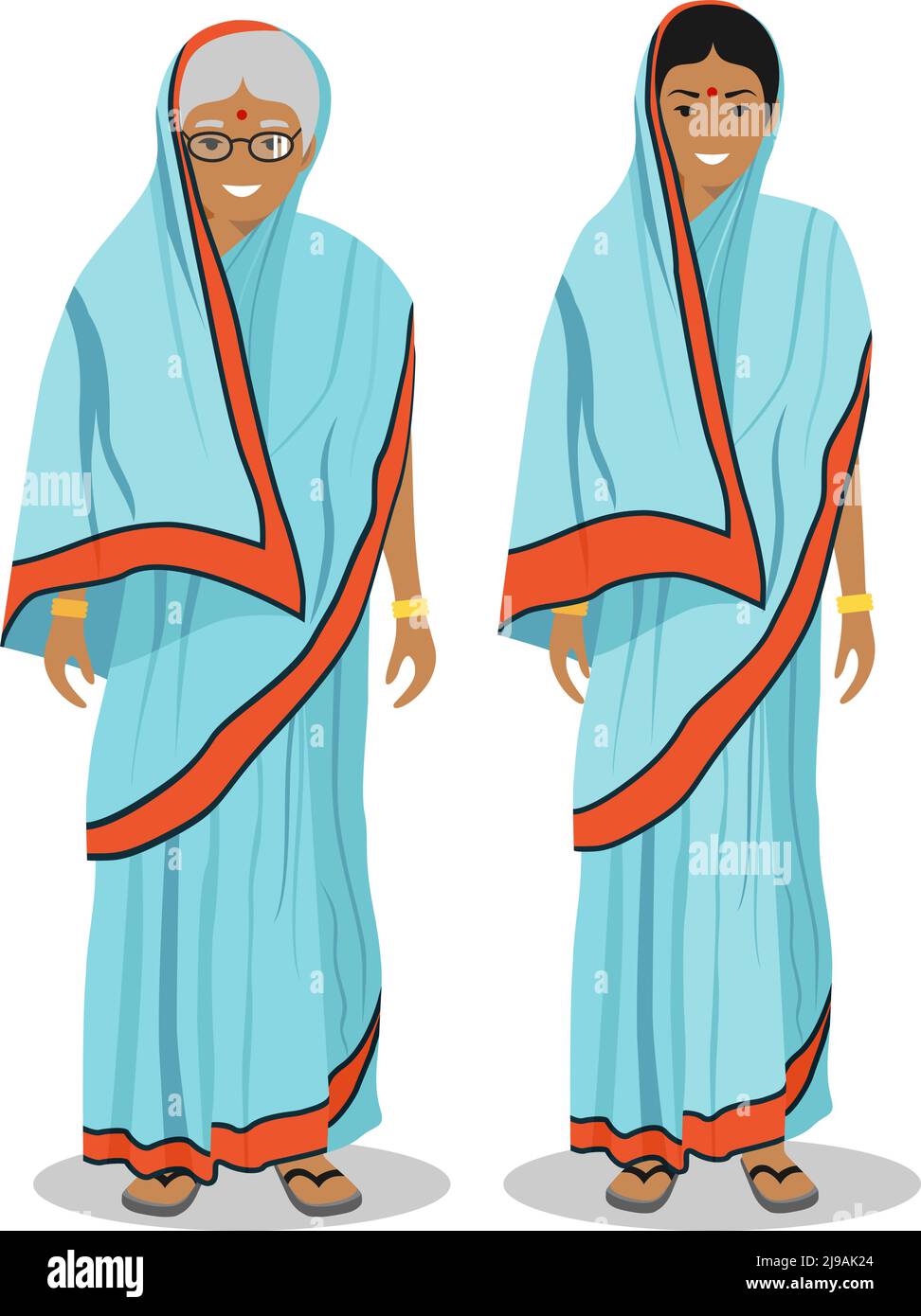 Illustrazione dettagliata di standing vecchio e giovane donna indiana in nazionali tradizionali abiti indiani isolati su sfondo bianco in stile appartamento. Ho Illustrazione Vettoriale