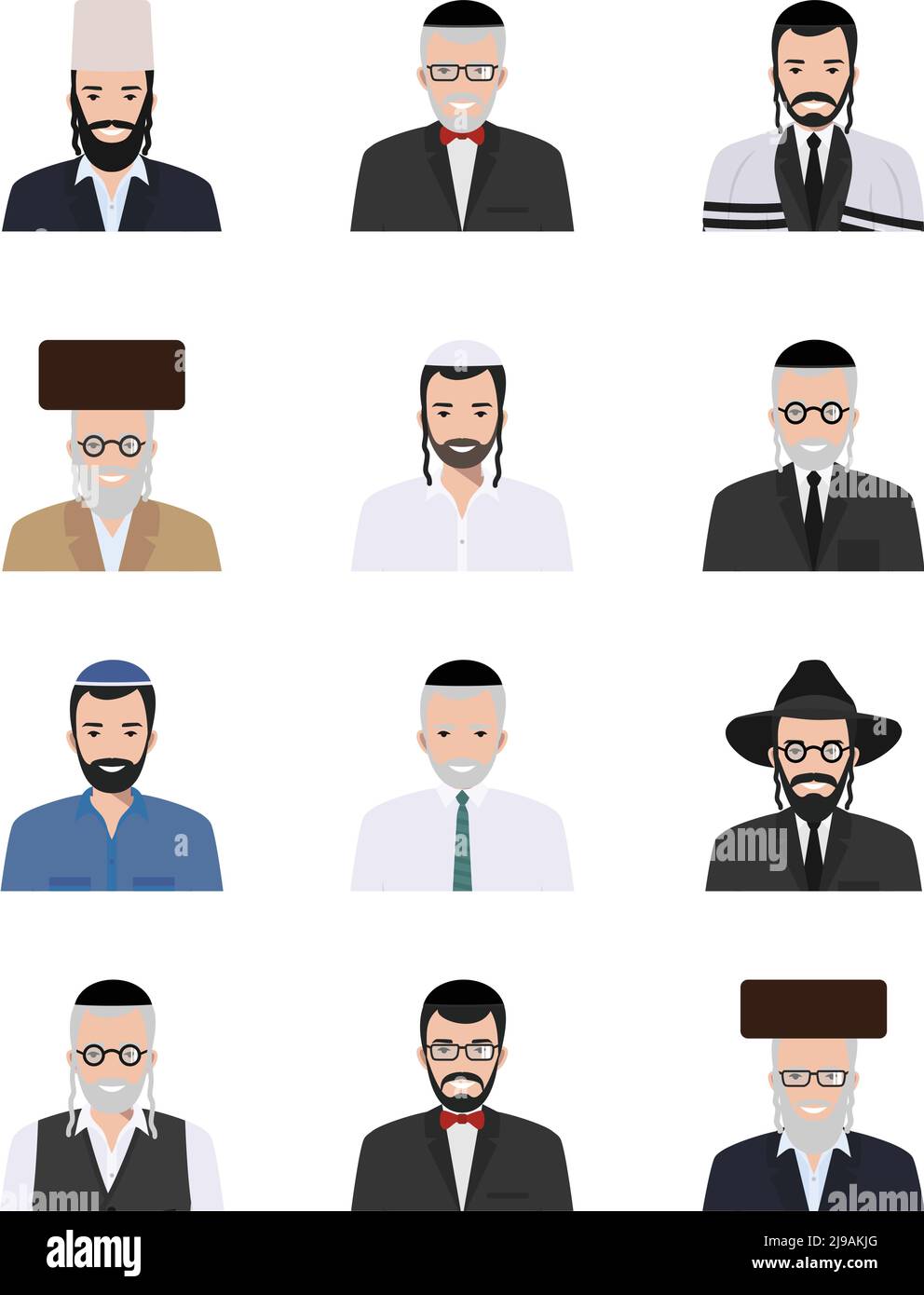 Illustrazione dettagliata di diverse icone di avatar ebraici vecchi e giovani uomini ambientato nel tradizionale abbigliamento nazionale israeliano isolato su backgrou bianco Illustrazione Vettoriale